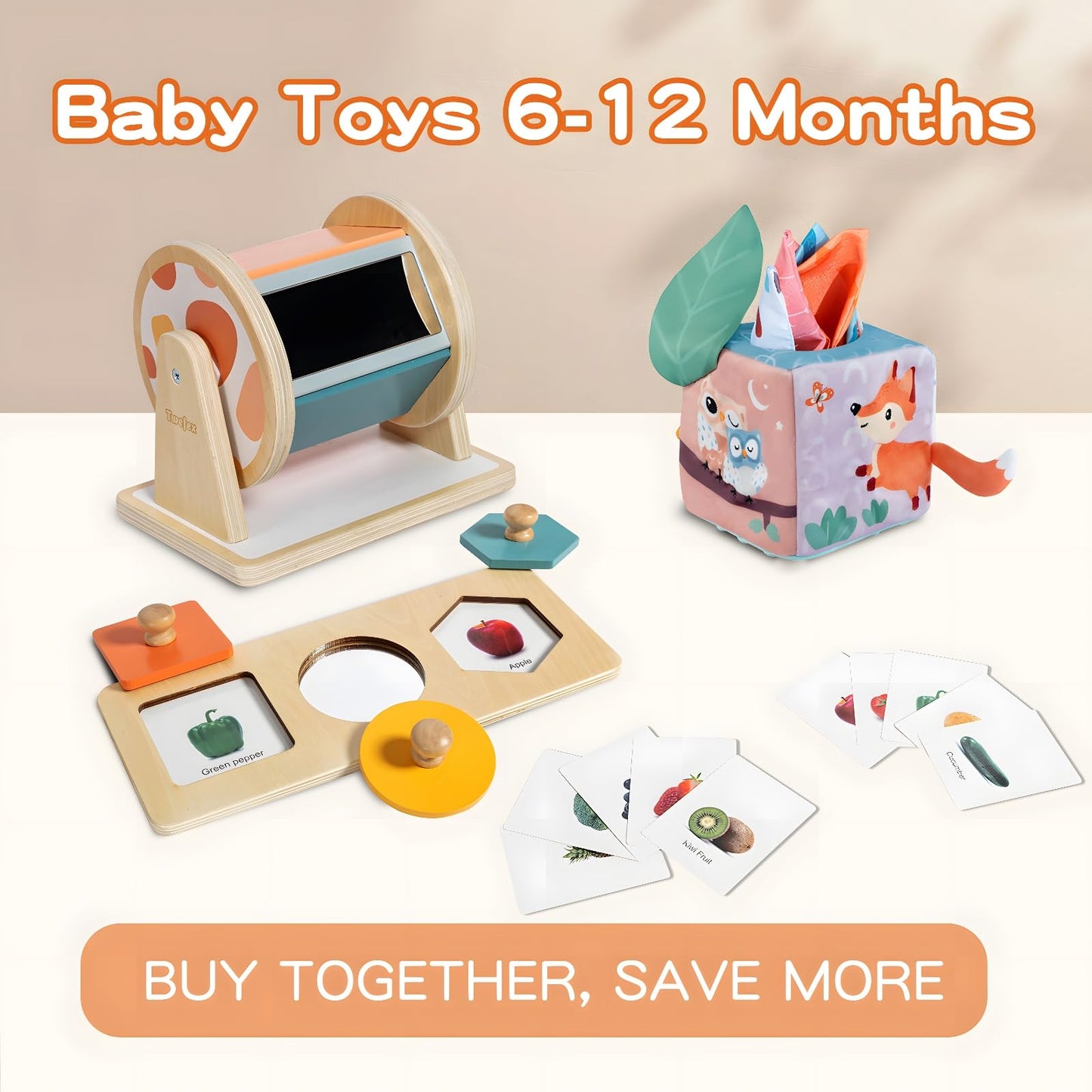 Twefex Baby Toys 6-12 Months - 3 in 1 Baby Toys Play Kit - Medium Spinning Drum - Baby Tissue Box Toy - Peekaboo Knob Puzzle with Cards - Montessori Toys 6-12 Months
