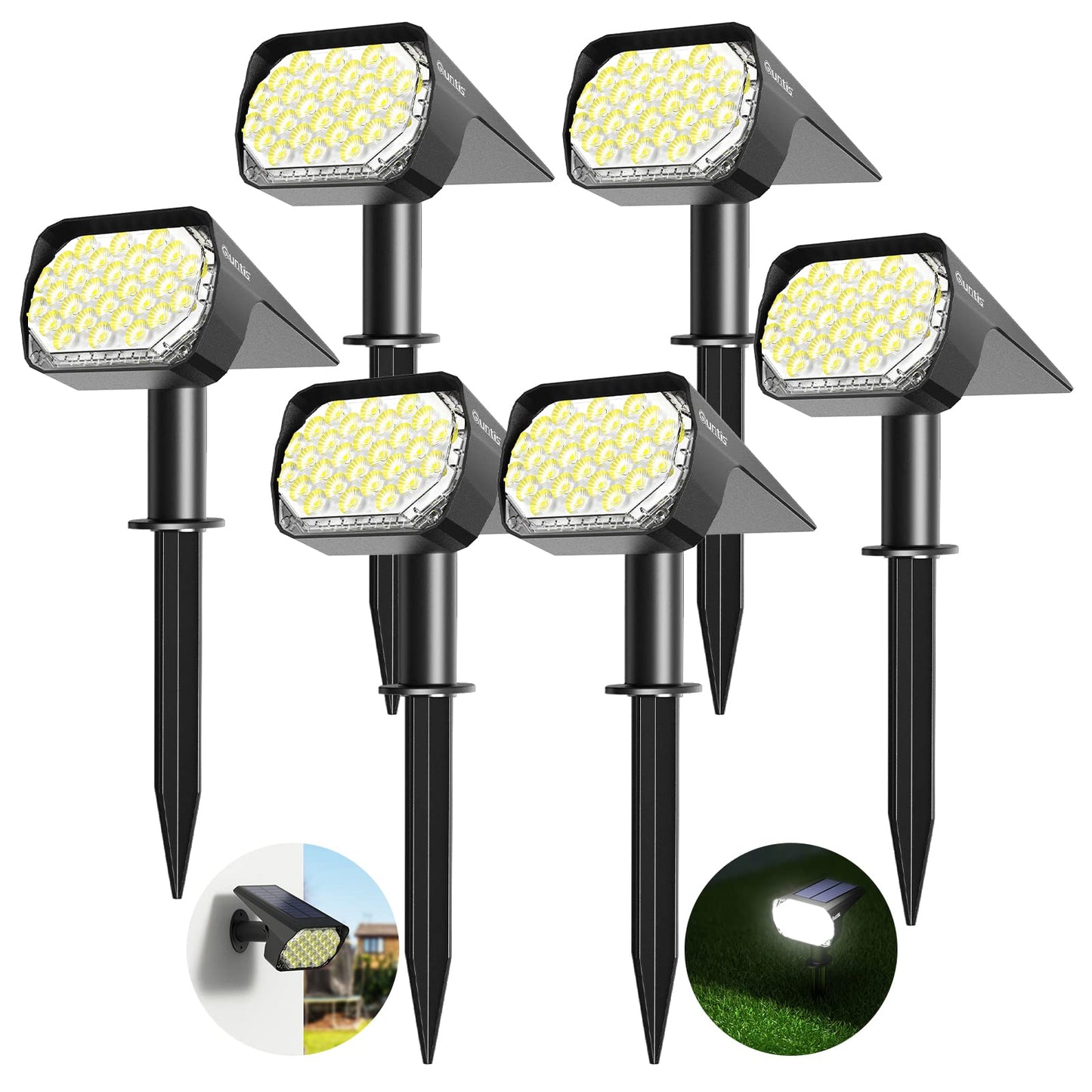 Solar Spot Lights Outdoor 6 Pack, Waterproof 3 Lighting Modes Auto ON/Off Solar & Type C Powered Landscape Spotlights for Walkway Driveway-Cool White