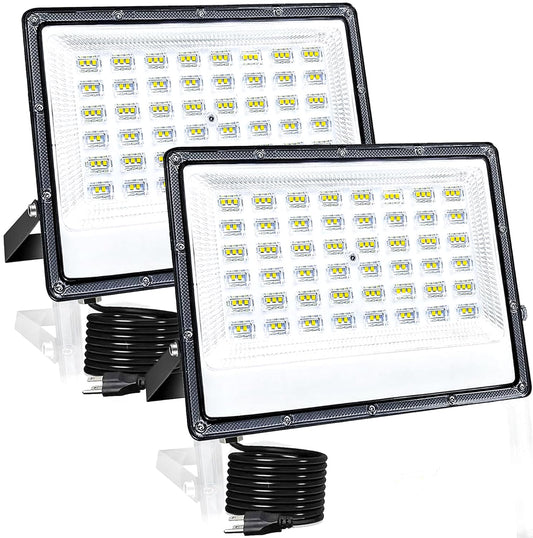 100W LED Flood Light Outdoor, 2 Pack 10000LM Super Bright LED Work Light with Plug, 6500K Daylight White Flood Lights Outdoor, IP66 Waterproof Exterior Floodlight for Garage, Yard, Lawn, Garden