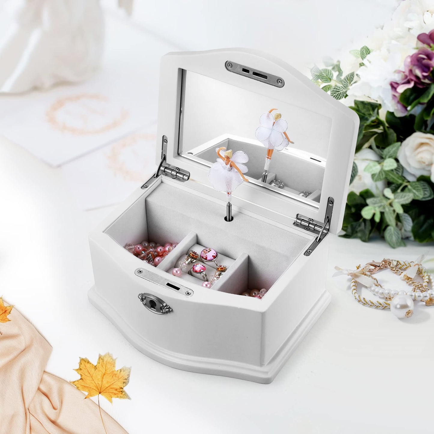 Jozen Gift Wooden Ballerina Medium White Musical Jewelry Box with Mirror and Lock for girls，Kid's Jewelry Storage Music Box,Gifts for Christmas,Birthday and all Holidays