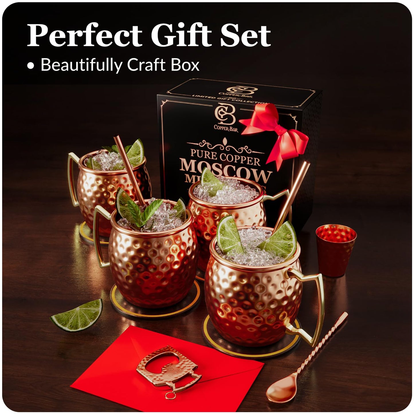 COPPER-BAR Moscow Mule Copper Mugs - Unique HANDCRAFTED Gift Set of 4, Hammered by Artisan, 100% Pure Solid Copper Cups 16oz for Drinking Water & Cocktails, Include 19 Pcs accessories & Special Opener