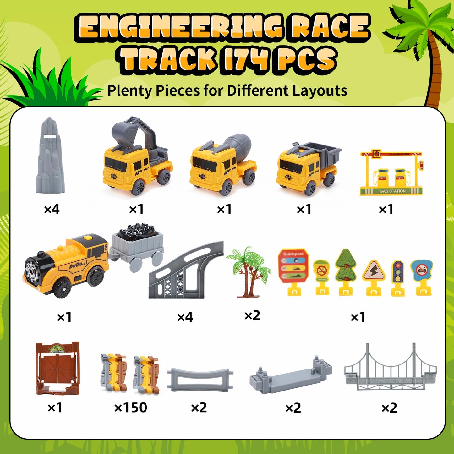 Construction Toys Race Track Set 178 PCS for Kids, Flexible Train Tracks with 1 Electric Train, Excavator,Cement Truck,Loading Truck Engineering Vehicle Playset,Gifts for 3 4 5 6 Year Old Boys Girls