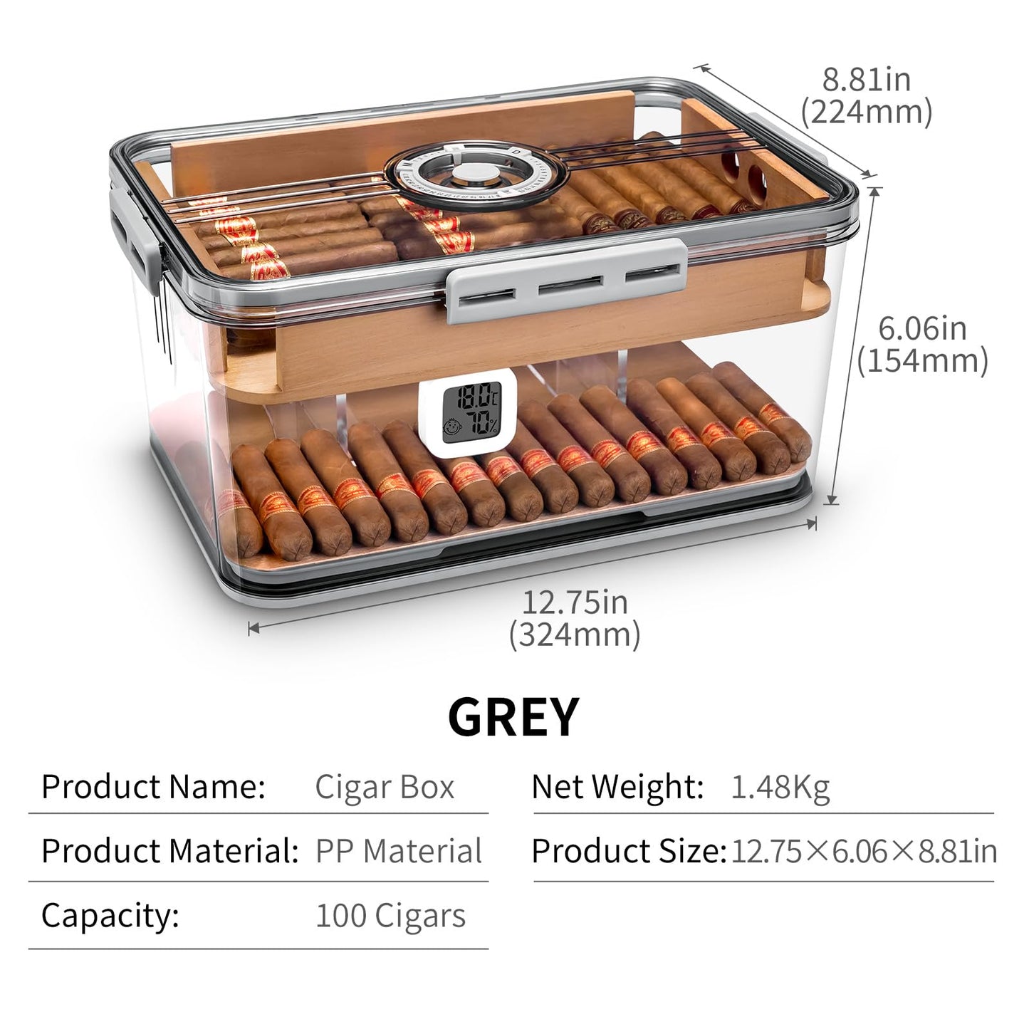 CIGARLOONG Cigar Humidor Large Accommodate 100 Cigars,Built-in Cedar Wood Shelf with High Precision Hygrometer Transparent Cigar Storage Box