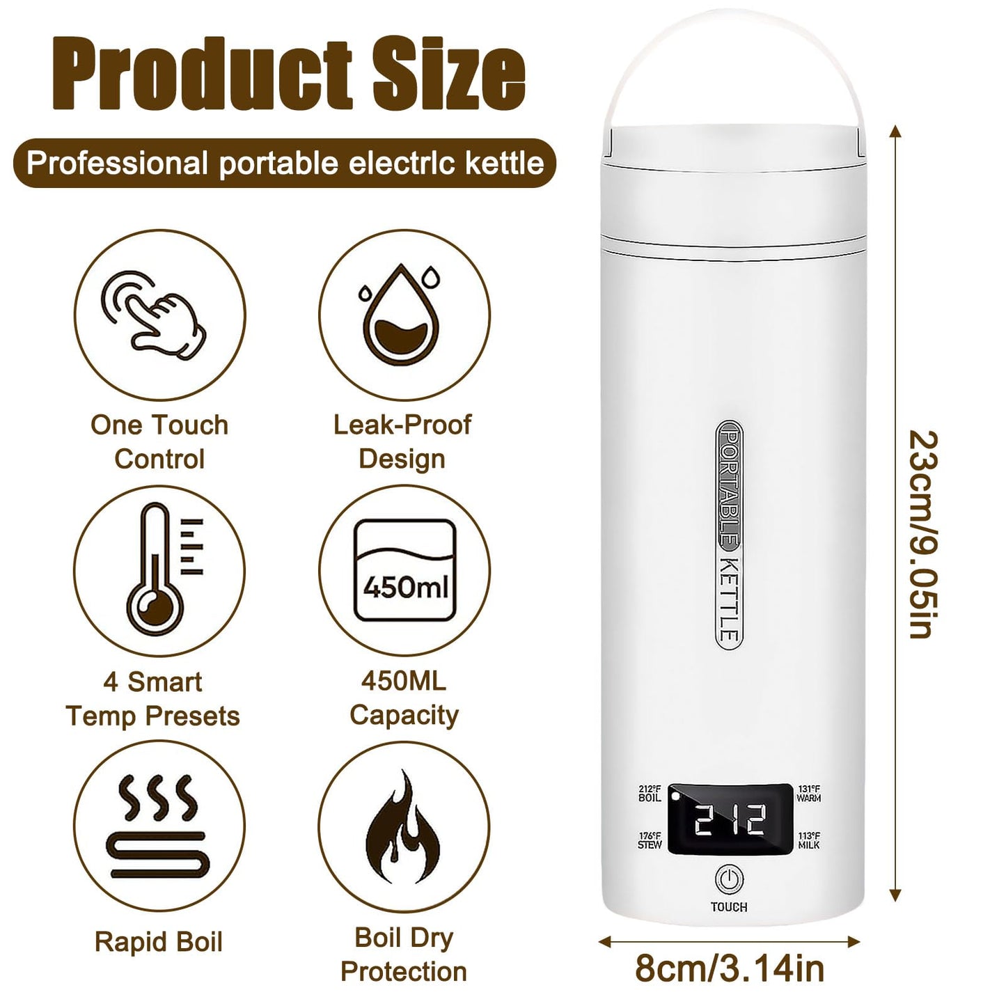 Portable Electric Kettle, Electric Travel Kettle With 4 Smart Tempe Preset, Mini Tea Kettle Leakproof Coffee Kettle with Clean Brush and Auto Shut-Off