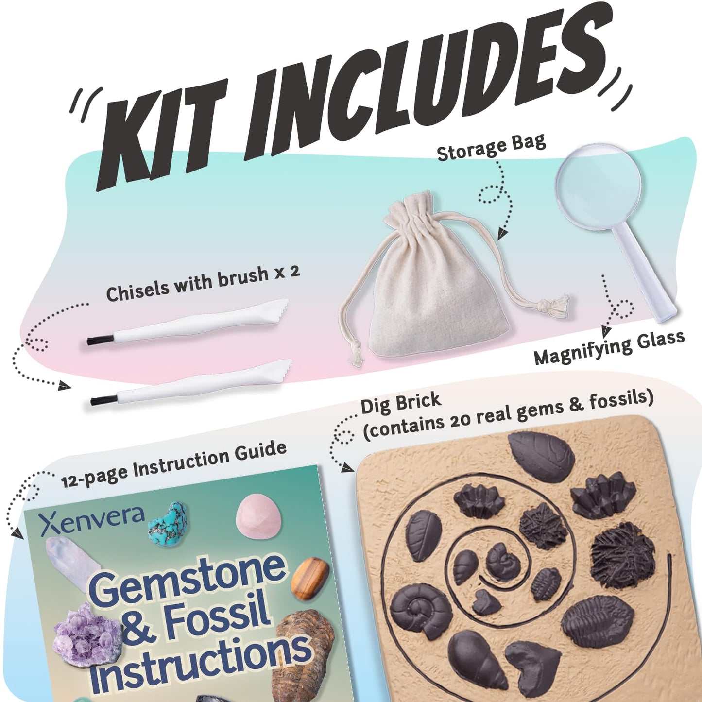 Xenvera Gemstone and Fossil Dig Kit – Excavate 10 Gems and 10 Fossils, STEM Geology Set, Educational Toy, Science Kit for Kids Ages 8+