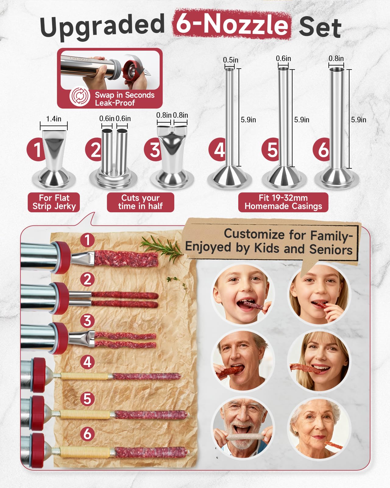SMOQIO 2LB Jerky Gun, 304 Stainless Steel Beef Jerky Gun Kit, Sausage Stuffer with 6 Versatile Nozzles, Suitable for 19mm Snack Stick, with 4 Cleaning Brushes and 1 Meat Stomper