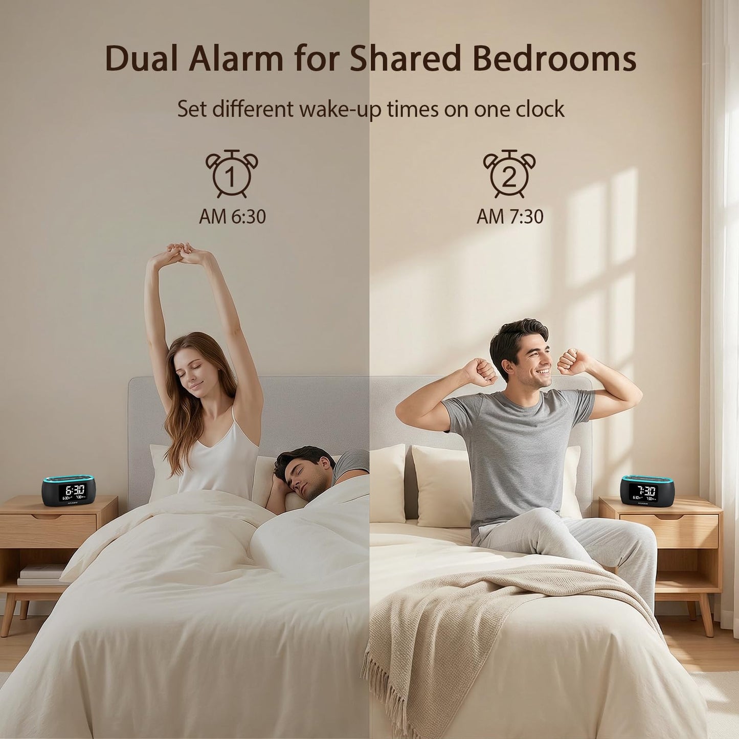 HOUSBAY Digital Alarm Clock Radio for Bedrooms, Phone-Free Wake-up with Dual Alarm, Night Light, Small Radio Clock for Bedside