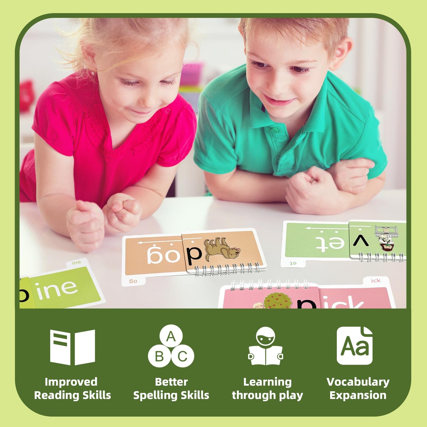 40 Read and Rhyme Flip Books,Montessori Educational Toys Phonics Games Books Gift for Kids Ages 4-8 Years Old, Kindergarten Sight Words Flash Cards, Reading Alphabet Learning for Toddlers