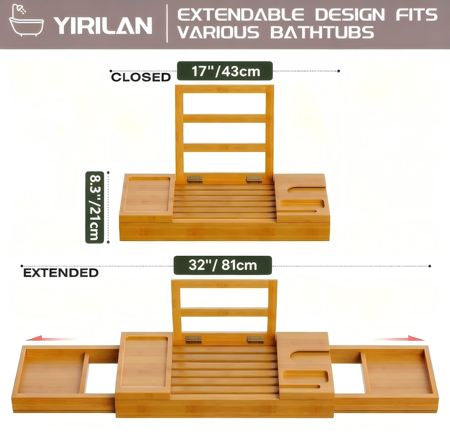 Yirilan Bamboo Bathtub Tray, Expandable Bath Tray for Tub, Bathroom Trays for Bathtub, Bathtub Caddy, Gift for Loved Ones (Bamboo)