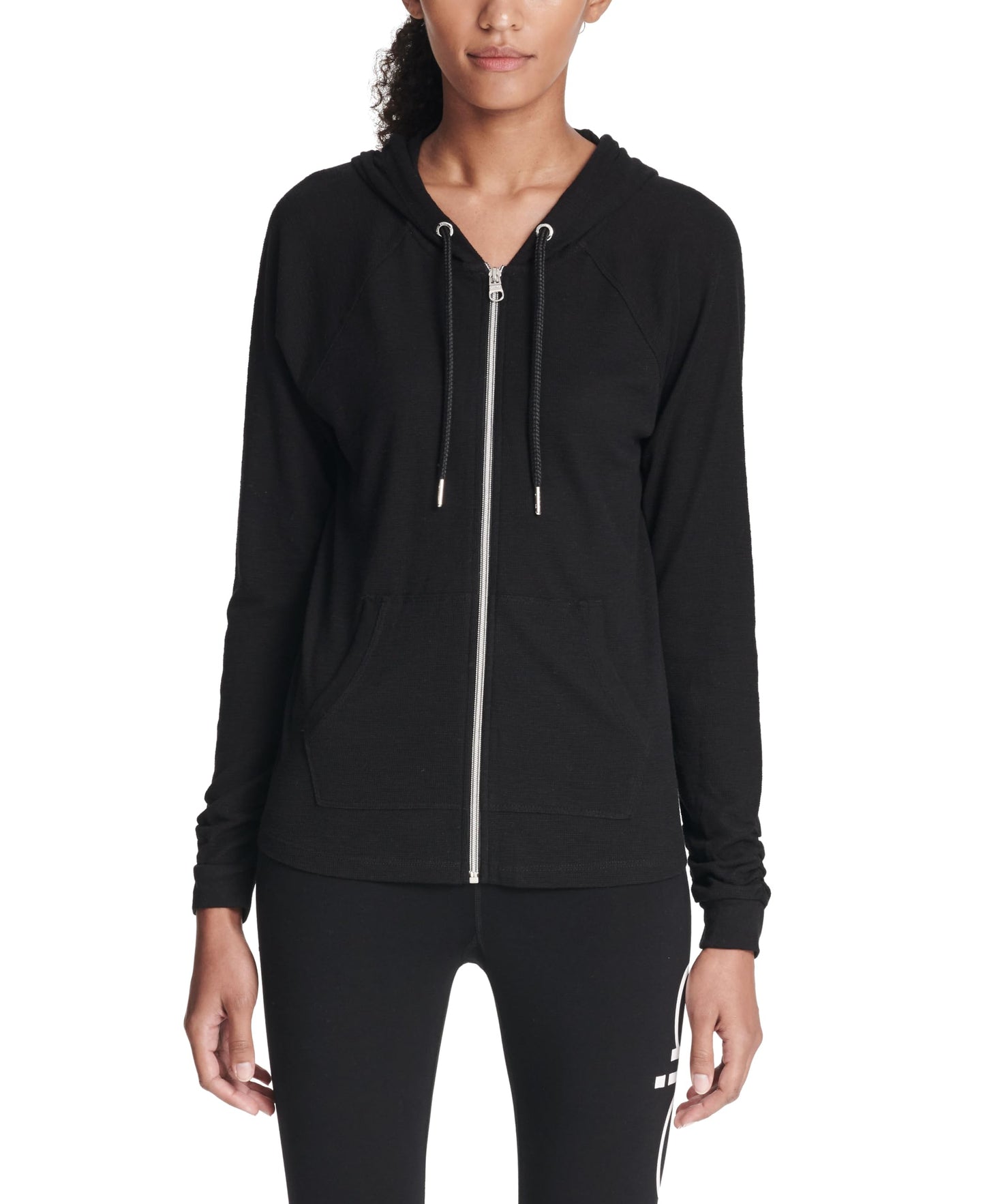 Calvin Klein Women's Premium Performance Ruched Long Sleeve Zip Up Hoodie (Standard and Plus), Black, Medium