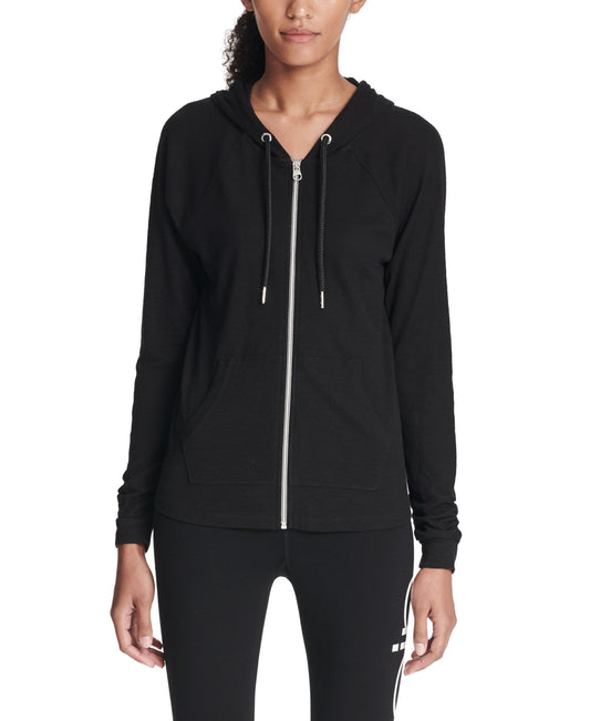 Calvin Klein Women's Premium Performance Ruched Long Sleeve Zip Up Hoodie (Standard and Plus), Black, Medium