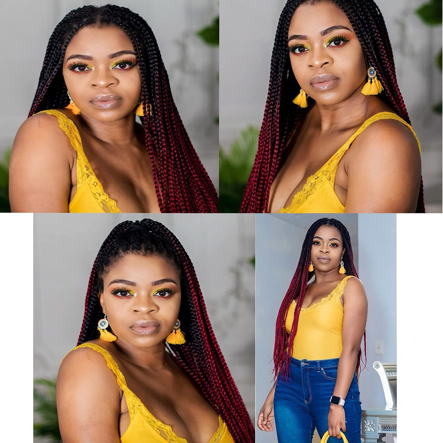 6 Packs Box Braids Crochet Hair Crochet Box Braids Pre-looped Synthetic Hair Crotchet Box Braids Hair 22 Inch (ombre wine red, 22inch)