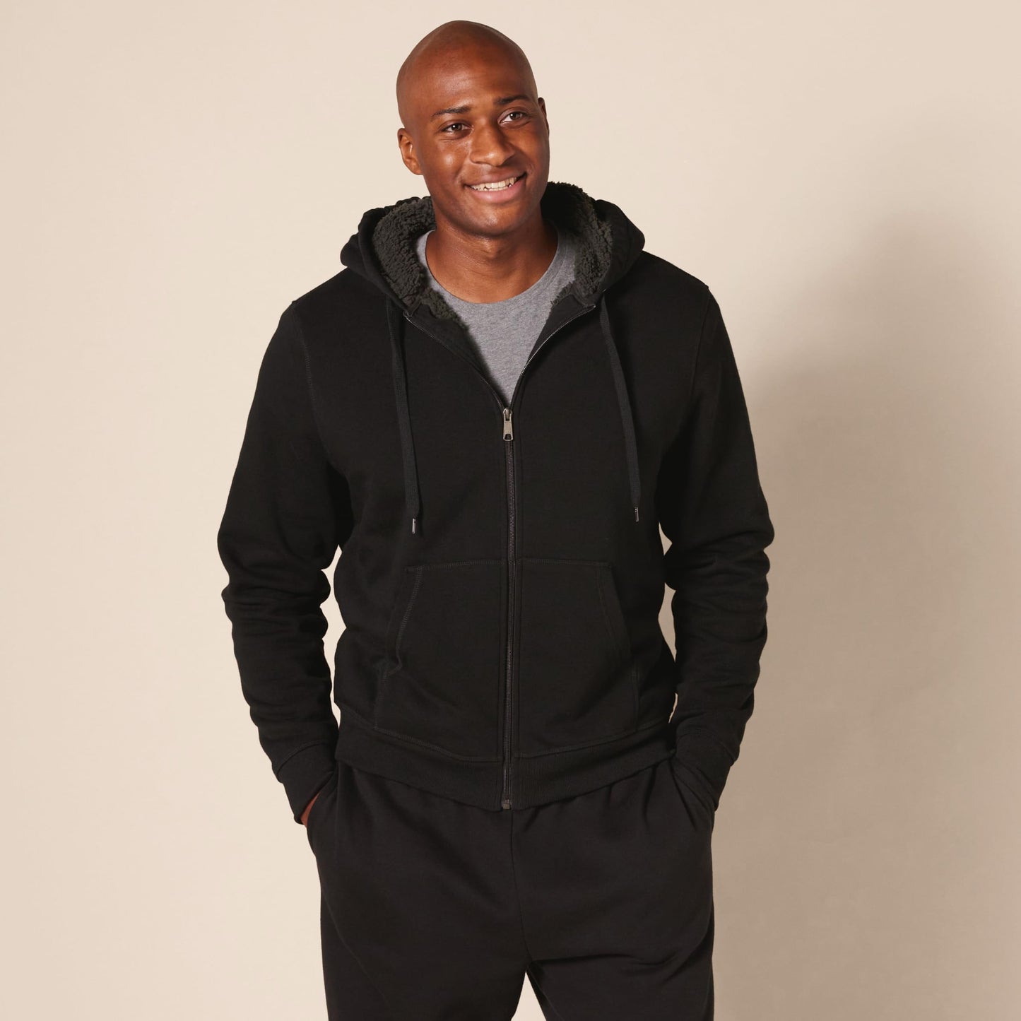 Amazon Essentials Men's Sherpa Lined Full-Zip Hooded Fleece Sweatshirt, Black, Large