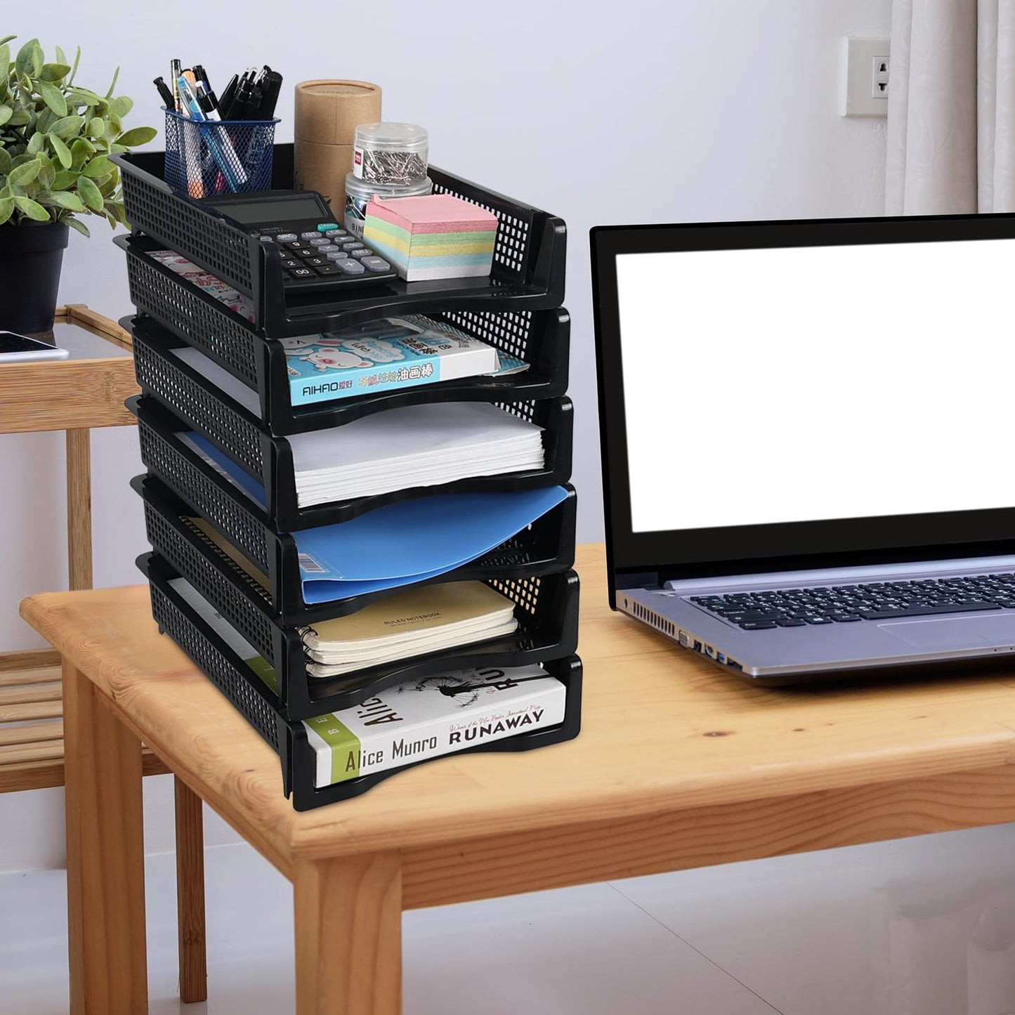 Melontray 6 Tier Stackable Paper Tray Organizer, Plastic Desktop Document Letter Trays, Black