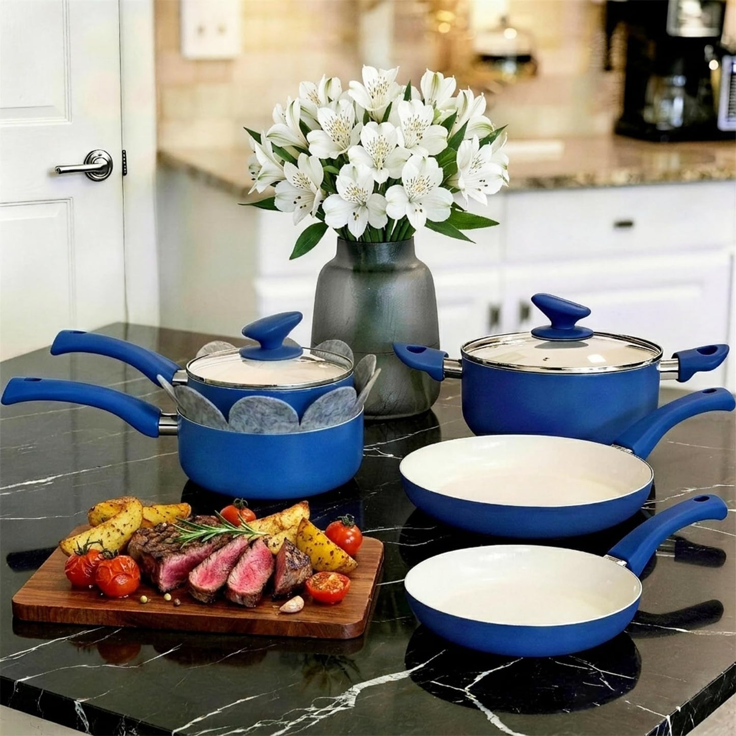 PRAMEDIA 12-Piece Pots and Pans Set Nonstick, Ceramic Cookware Set with Stay-Cool Bakelite Handles, Non-Toxic Induction Cooking Set, Cobalt Blue Kitchen Essentials, PFOA & PTFE Free