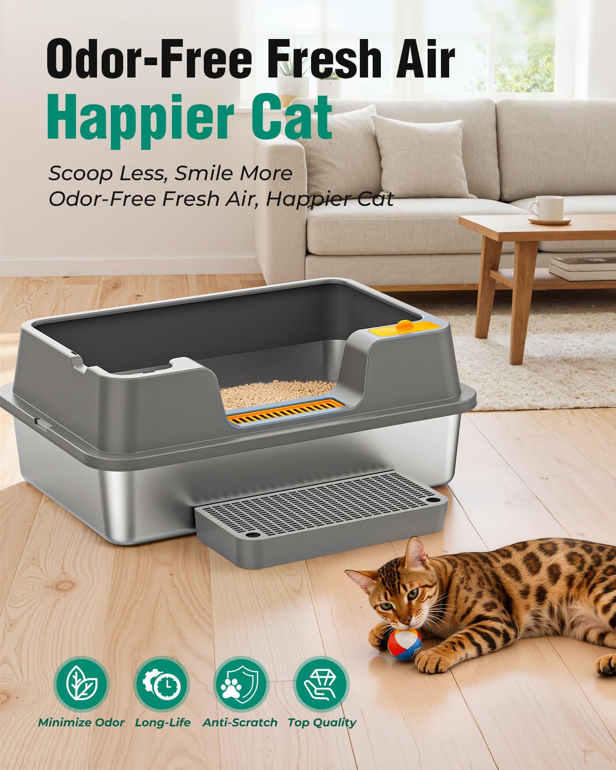 OROLEY Stainless Steel cat Litter Box, Extra Large Size for Big Cats, high-Sided Metal Tray, Leak-Proof, Odor-Resistant, Easy to Clean, Includes Raised Platform and Scoop.