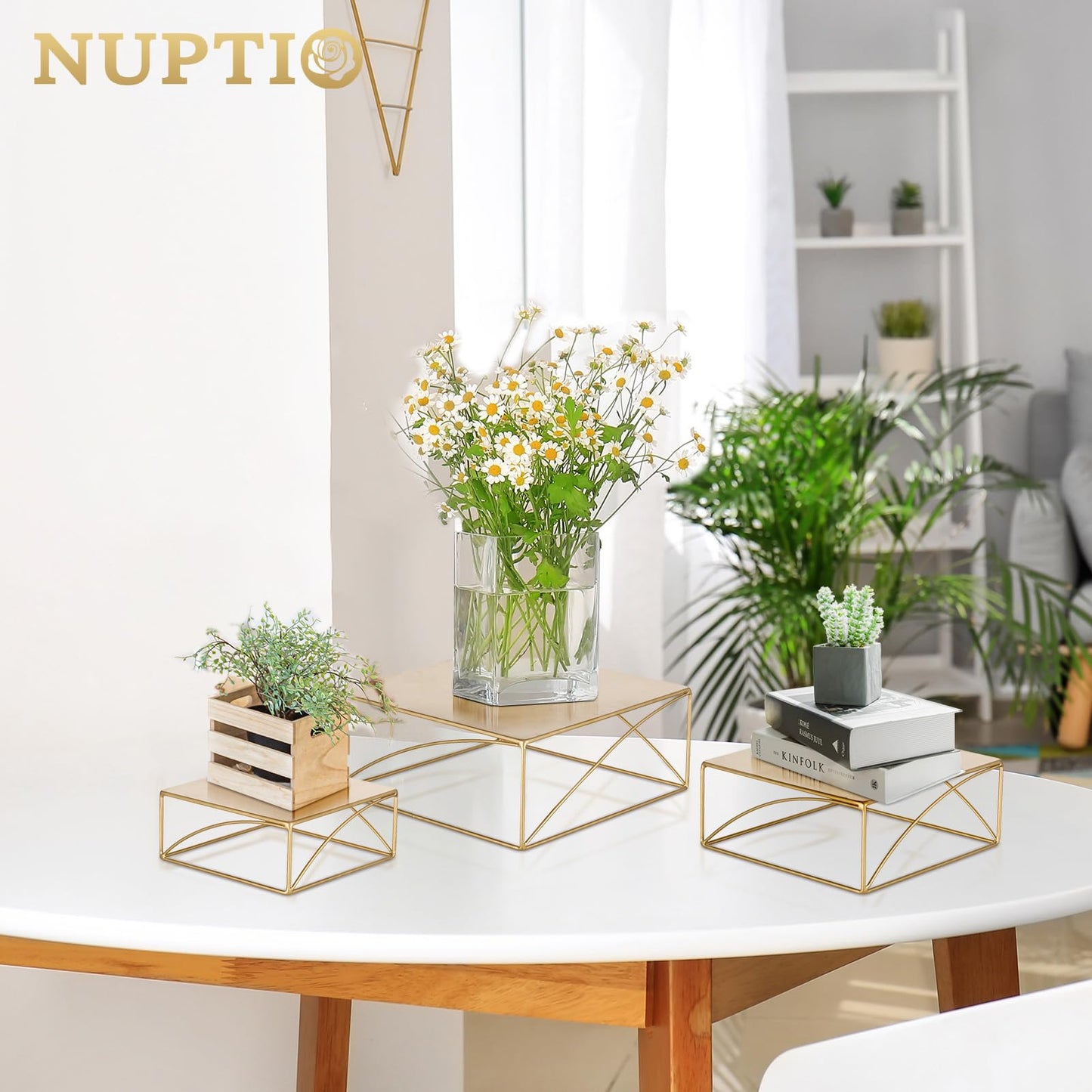 NUPTIO Cake Stand Dessert Display: Gold Cupcake Stands Set of 3 Metal Food Risers for Buffet Table Pedestal Serving Tray for Wedding Anniversary Reception Ceremony Modern Plant Stand 21 26 31CM