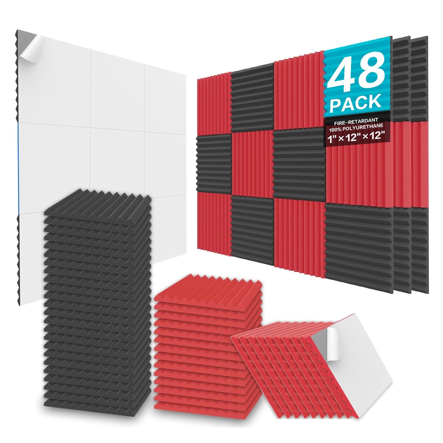 JBER Sound Absorbing Foam Panels, 48 Pieces 2.5 x 30 x 30 cm Acoustic Insulation Wedges for Studio Soundproofing Padding Fire Resistant Acoustic Treatment Foam (Black and Red)