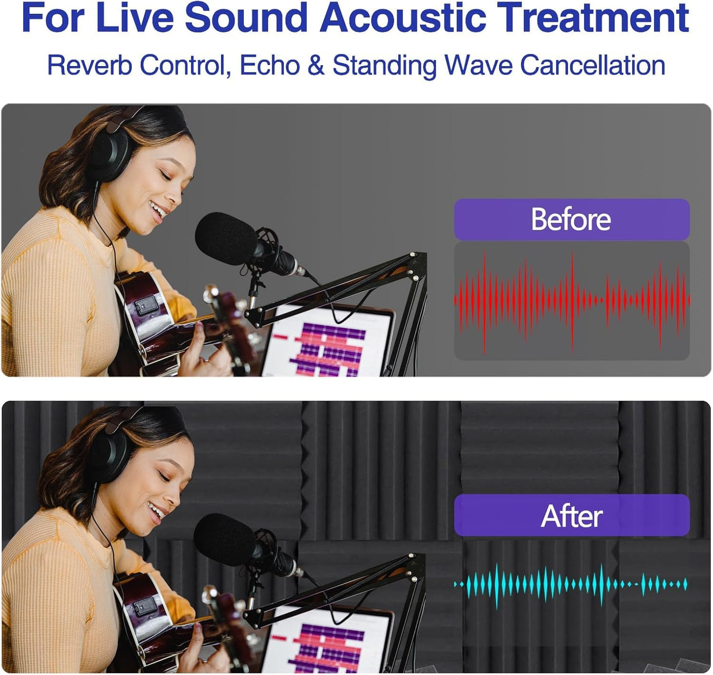 24 Pack Acoustic Foam Panels 1" x 12" x 12" Sound Proof Foam Panles Saiqiang Soundproofing Noise Absorbing Wedge Black Panels for Wall Studio Foams with Double-Side Adhesive