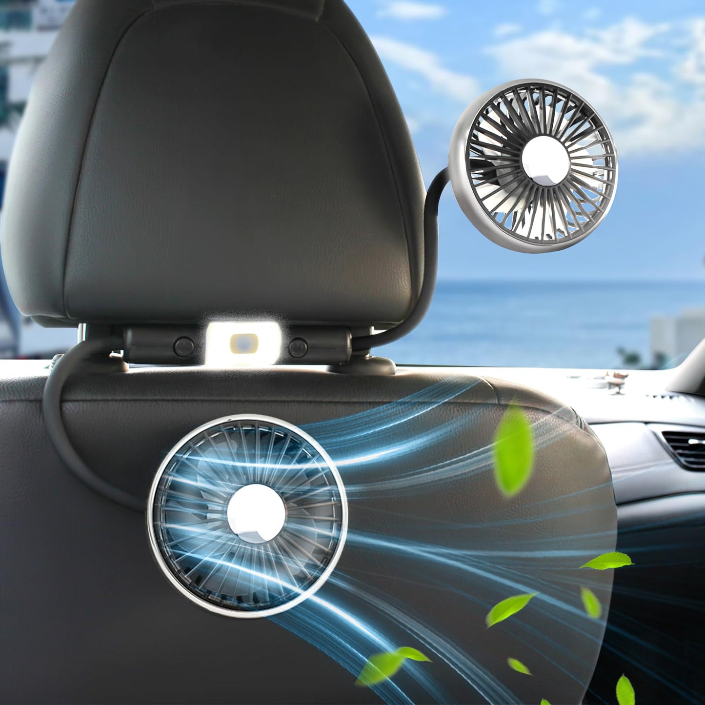 xuenair 360 Hose Cooling Fan for Car Backseat Kids Baby Rear Facing, Portable USB Car Fan for Vehicle SUV RV Pickup Truck Headrest - Powerful 3-Speed LED Light