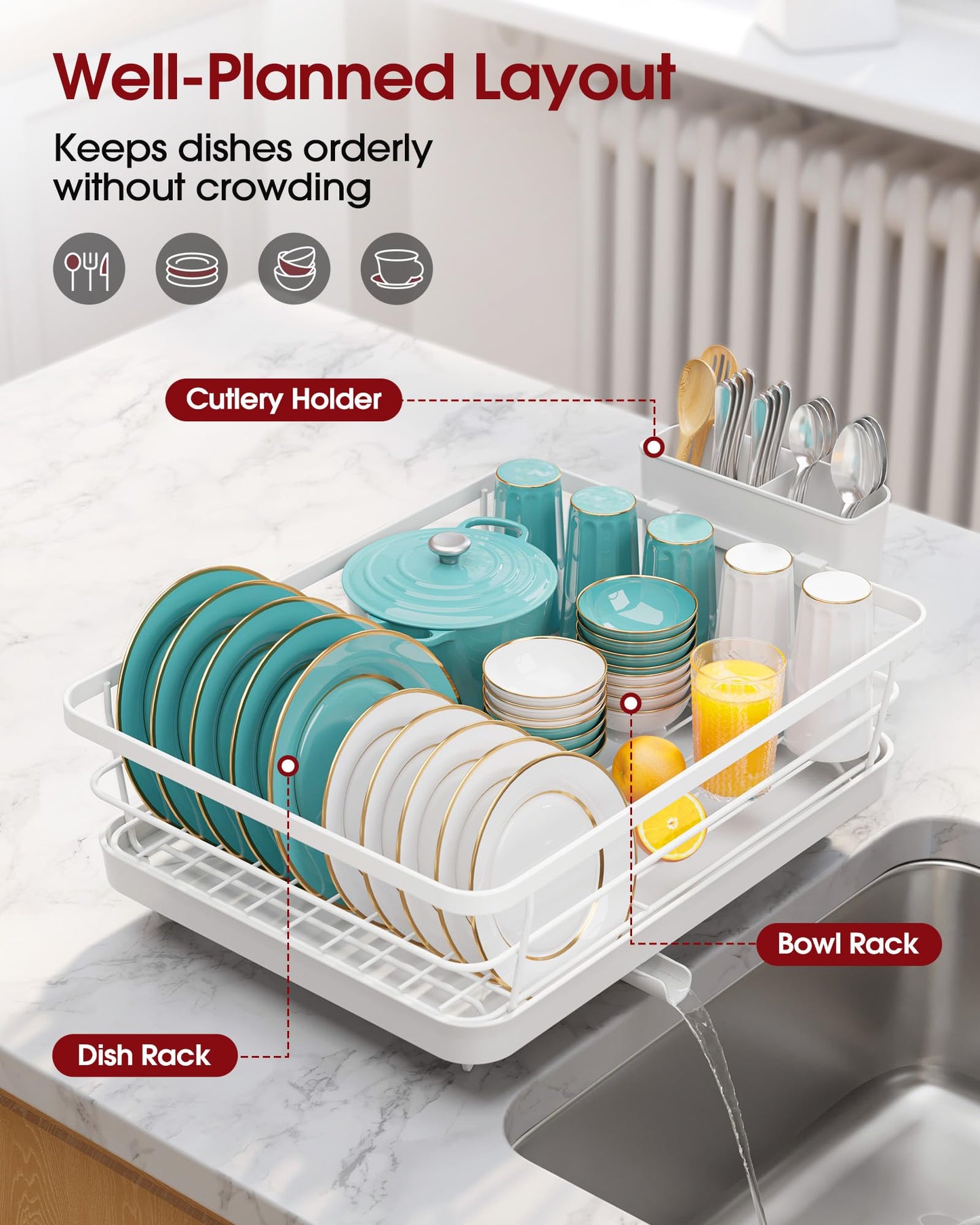 Sakugi Dish Drying Rack - Compact Dish Racks with Drain Board for Kitchen Counter, Durable Stainless Steel Dish Rack Used in Sink & on Countertop, White, Large