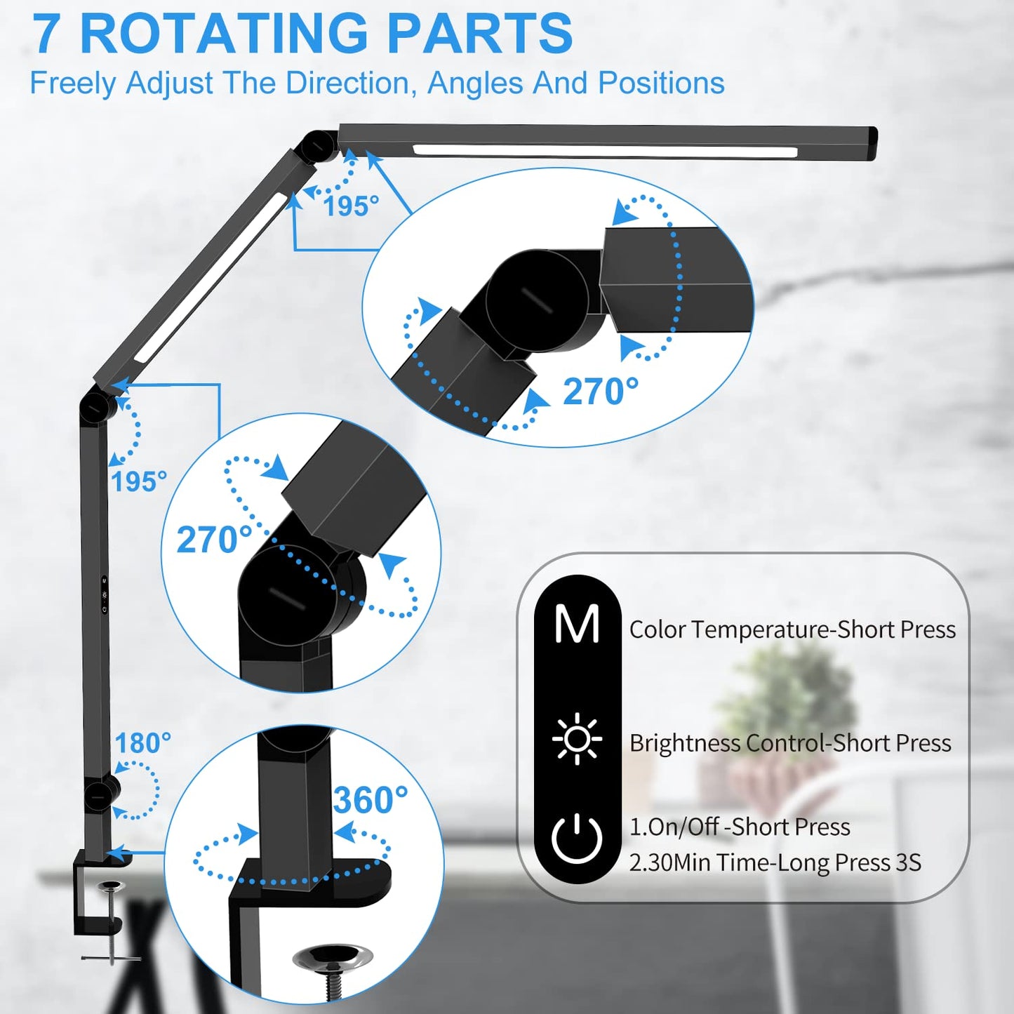 LED Desk Lamp with Clamp, Architect Desk Lamp with Dual Light and Adjustable Swing Arm, Clip-on Eye-Care 4 CCT Modes & 5 Brightness Levels Table Light Modern Desk Light for Dorm Home Office
