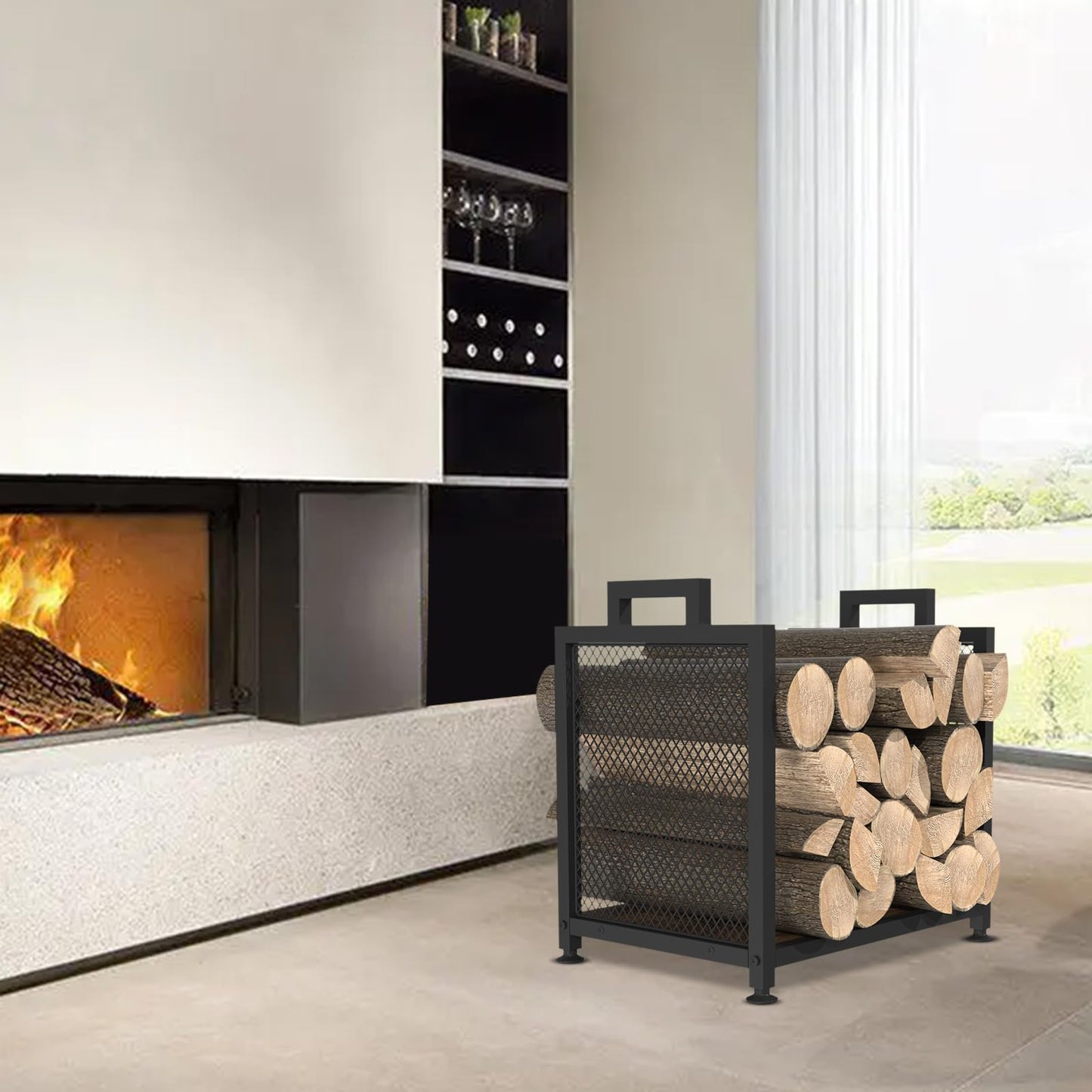 Firewood Rack for Indoor Heavy Duty Fire Wood Racks Holder, 17.32" Metal Wood Storage Log Holder with Leather Carrier, Small Firewood Stand for Fireplace Patio Deck, Black