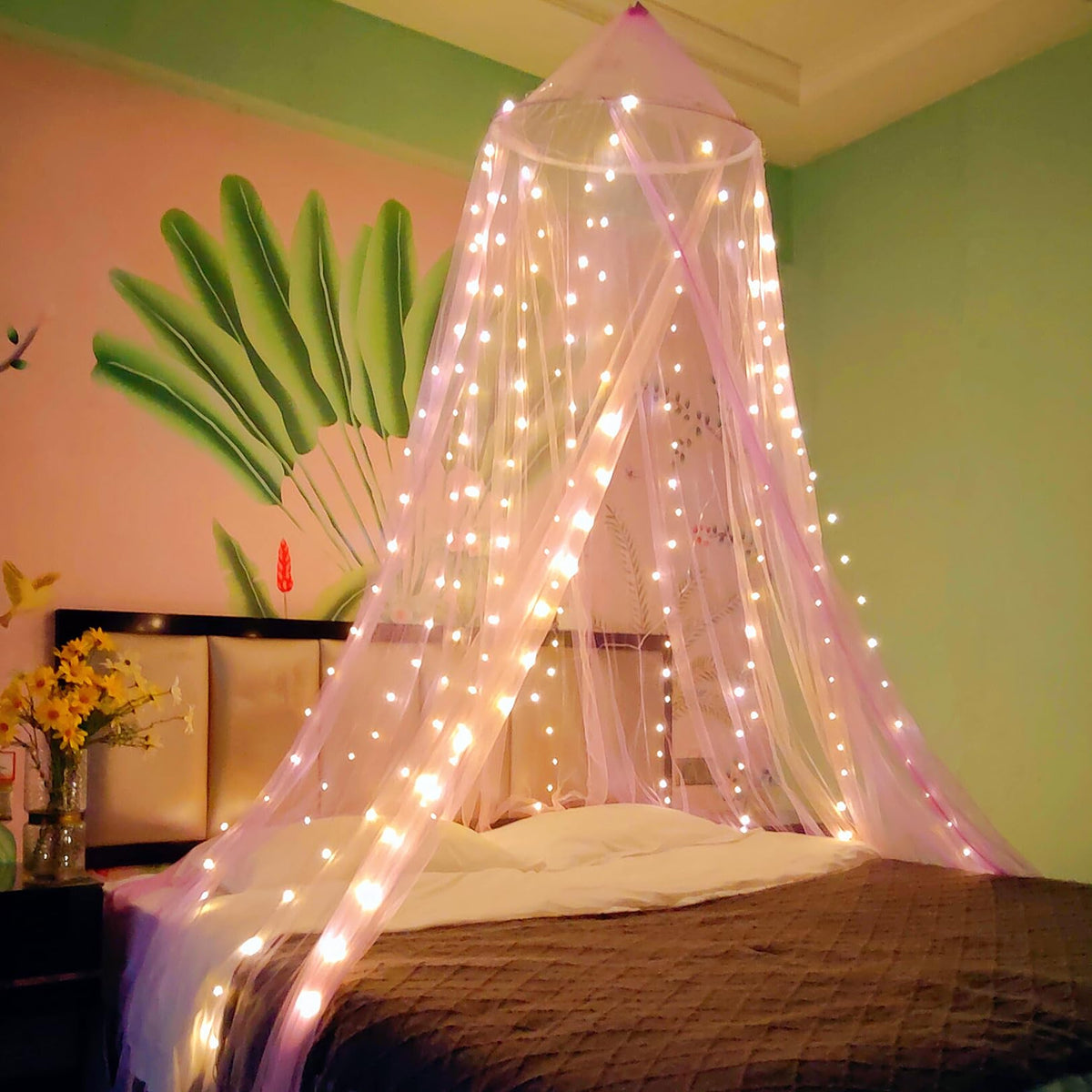 Eimilaly Two-Tone Bed Canopy Mosquito Net Pink Purple with 250pcs Warm Lights, Bed Canopy for Girls Room Decor, Single Door