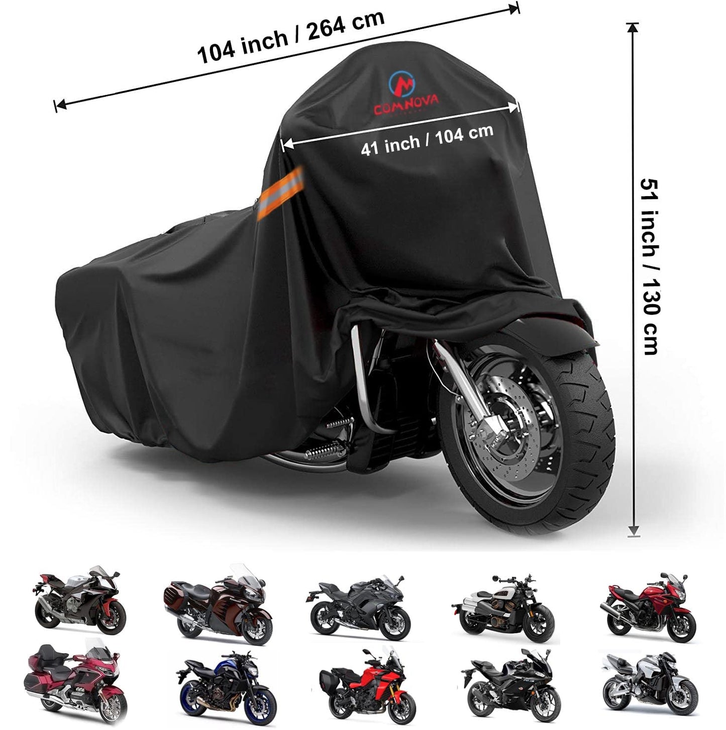 Comnova Motorcycle Cover 104 Inch, 600D Universal Motorcycles Cover Waterproof with Lock-Holes All Season, Large Motorbike Vehicle Scooter Cover for Harley Davidson, Honda, Suzuki, Kawasaki, Yamaha