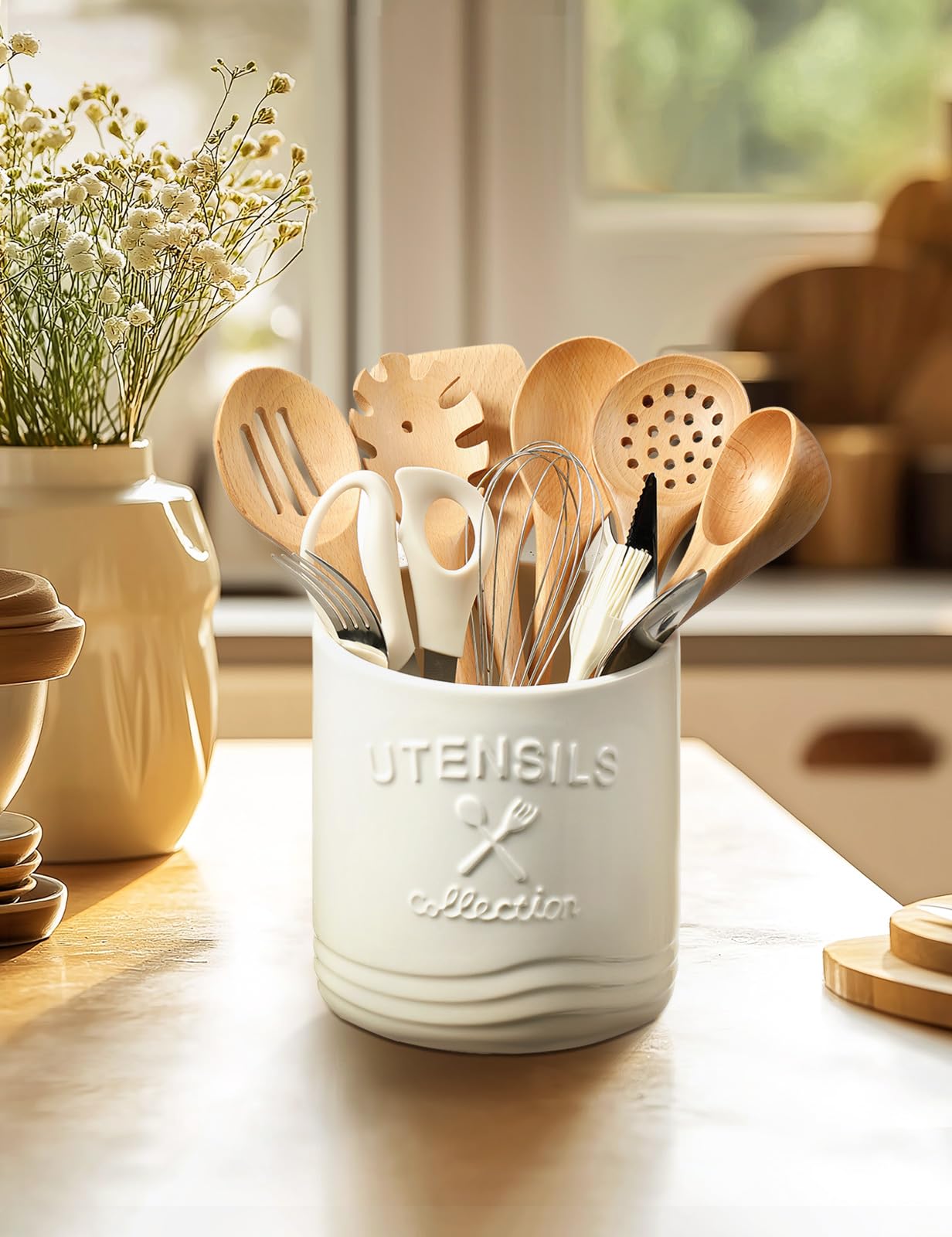 Utensil Holder for Counter,7.5" Large Kitchen Cooking Ceramic Utensil Holder for Farmhouse Décor,15° bevel design,Non-Slip Cork Base,White