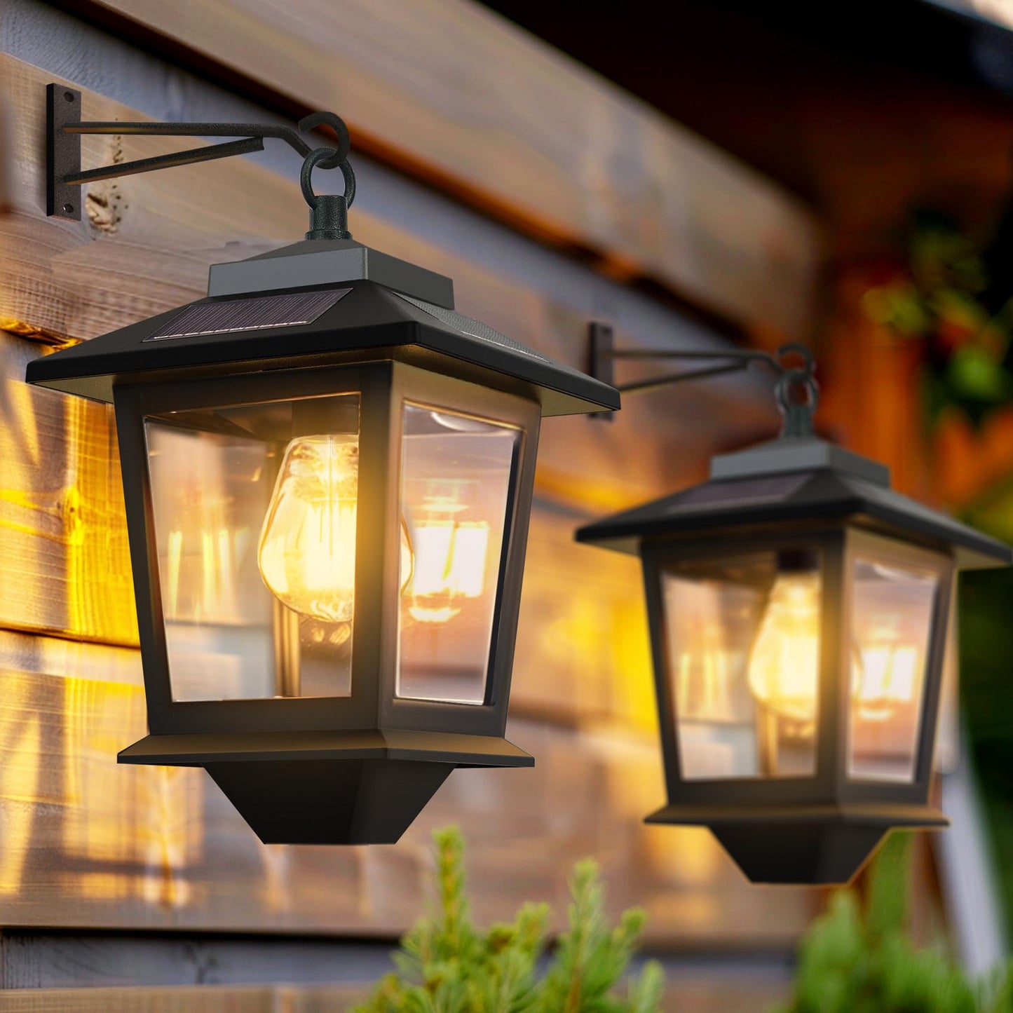 PASAMIC 2 Pack Solar Wall Lanterns with Replaceable Bulb, Outdoor Hanging Solar Lights with 4 Solar Panels, Dusk to Dawn Led Outdoor Wall Sconce, Anti-Rust Waterproof Wall Lanterns with Hooks