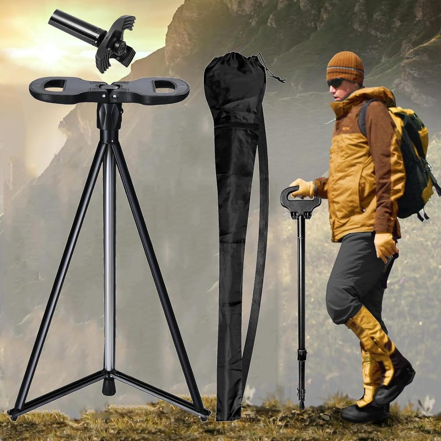 Cane with Seat 2-in-1 Foldable Walking Stick for Senior Men Women Portable Trekking Pole Chair Elderly Walking Cane Tip Shrinkable Aluminum Lightweight Non-Skid Storage Bag Adult Travel Outdoor Hiking