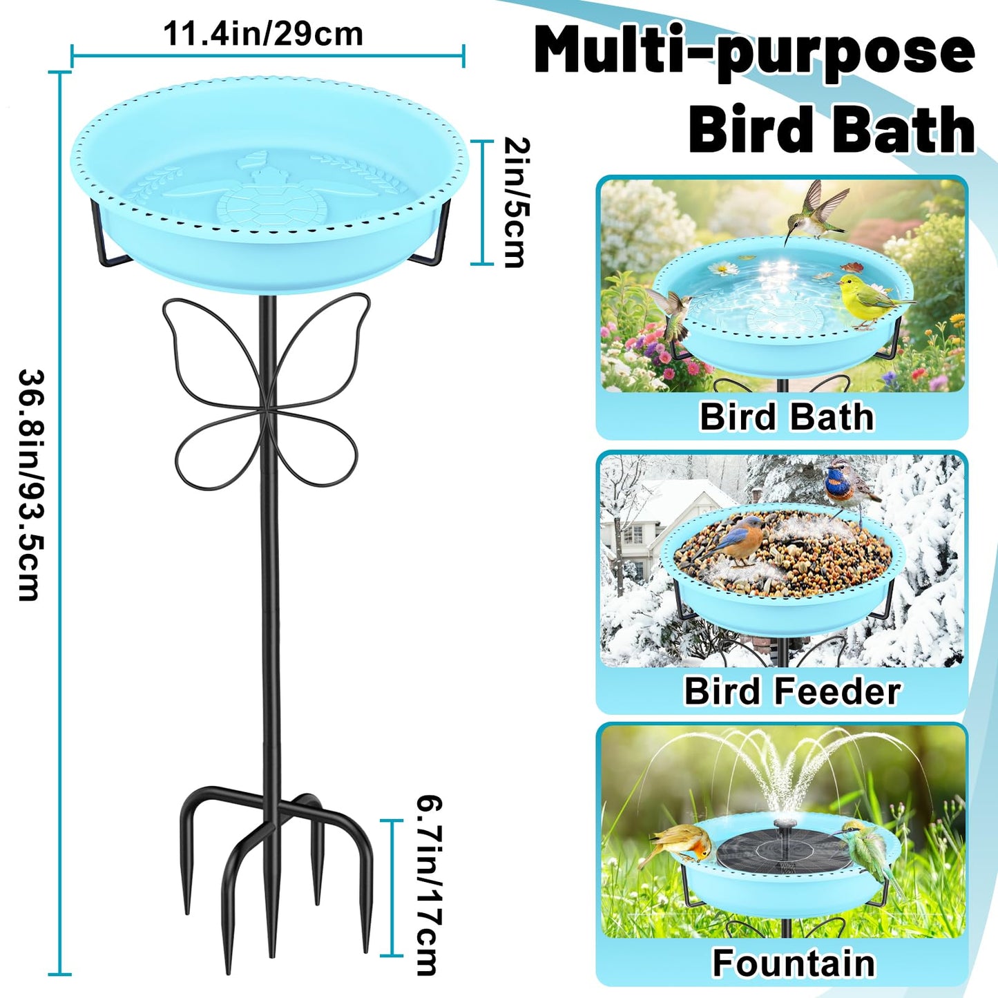 YOADEHOA 37In Bird Bath for Outside, 2-in-1 Birdbath & Birdfeeder with Detachable Plastic Bowl, Metal Butterfly Stake & Sturdy 5-Pronged Base for Outdoor Garden Yard Decor (Blue)