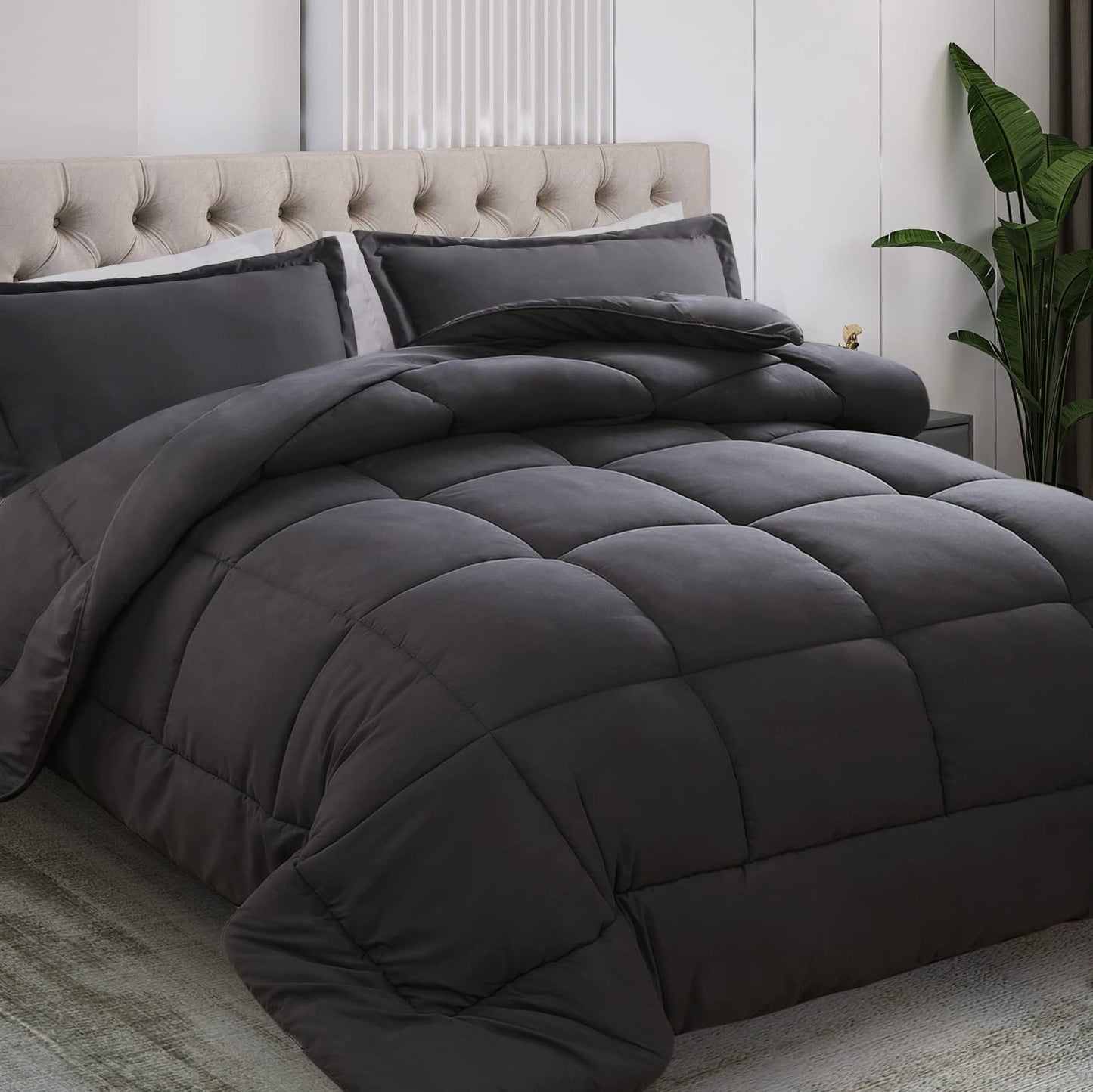 All Season Queen Size Comforter Set 3 PCs, Premium 350GSM Soft Quilted Down Alternative Comforter+2 Pillow Shams with Corner Tabs-Machine Washable Dark Grey, Queen（88 * 88）