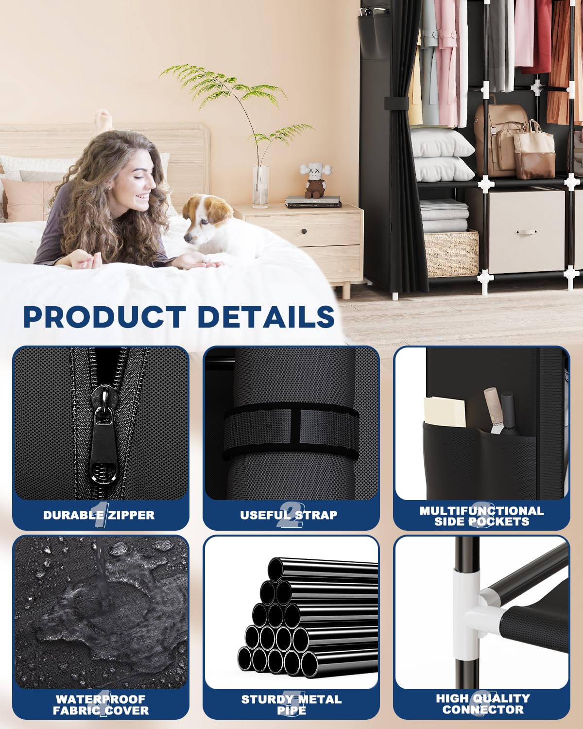Mavivegue Wardrobe Closet with 4 Hanging Rods, Portable Closet Wardrobe, Non-Woven Fabric Cover, Closet Organizers for Bedroom and Living Room, Black, 67" W x 17" D x 67" H