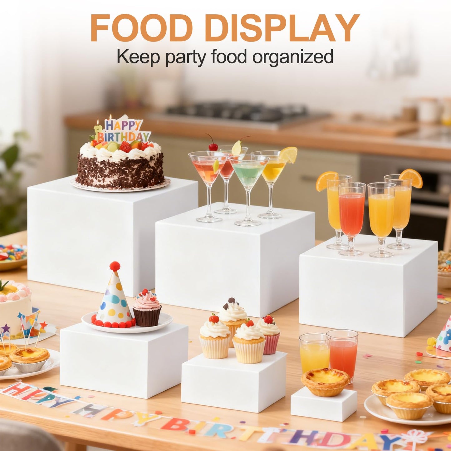 6 Pcs Buffet Risers, Acrylic Food Risers for Buffet Table, 6 Sizes (3x4x5x6x7x8 Inch) Display Stand Shelf for Party Catering Dessert Collectibles - Stackable Cube Boxes Display with Hollow Bottoms