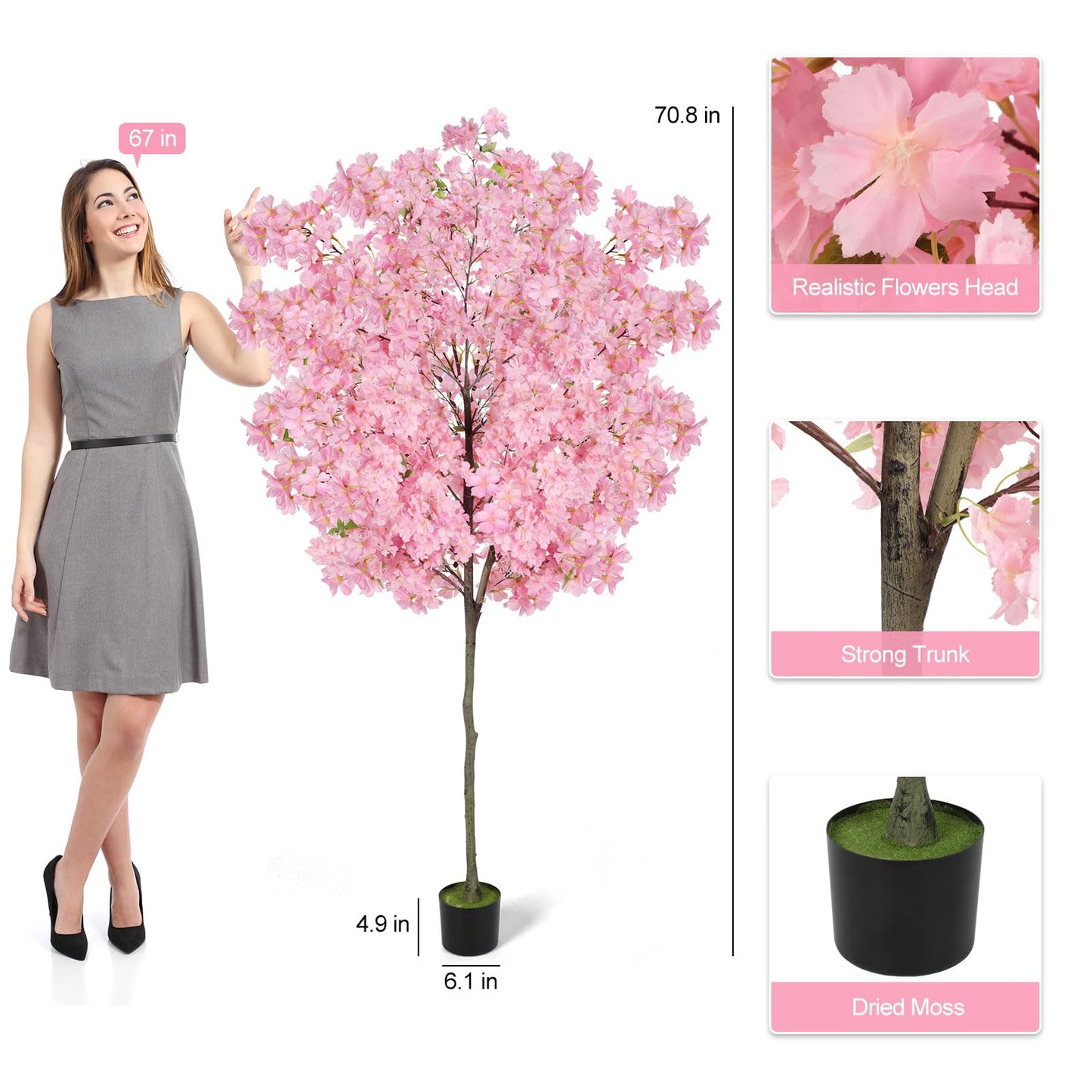 6Ft Tall Cherry Blossom Artificial Tree,Fake Pink Cherry Blossom Tree,Lifelike Decorative Plant in Pot for Indoor/Outdoor, Christmas, Garden,Home Office Dec