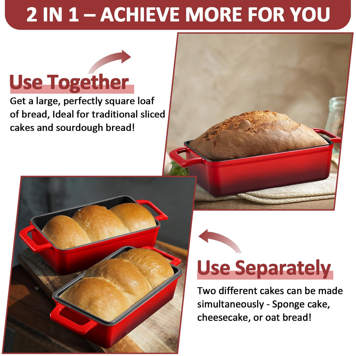 Leonyo 9x5 inch Enameled Cast Iron Loaf Pan, 2 Piece Homemade Sourdough Bread Loaf Pan with Lid, 2-in-1 Dutch Oven for Bread Baking, Pound Cake, Even Heat Distribution & Up to 500℉, Red