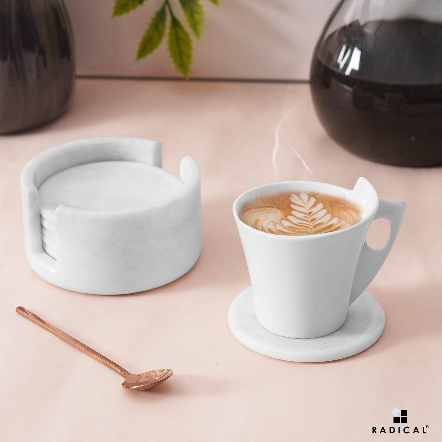 Radicaln Marble Coasters Set of 6 White 8.89 Cm Round Coaster Drink Coasters for Coffee Table, Kitchen & Dining Decor | Durable Stone Cup Holder Gift