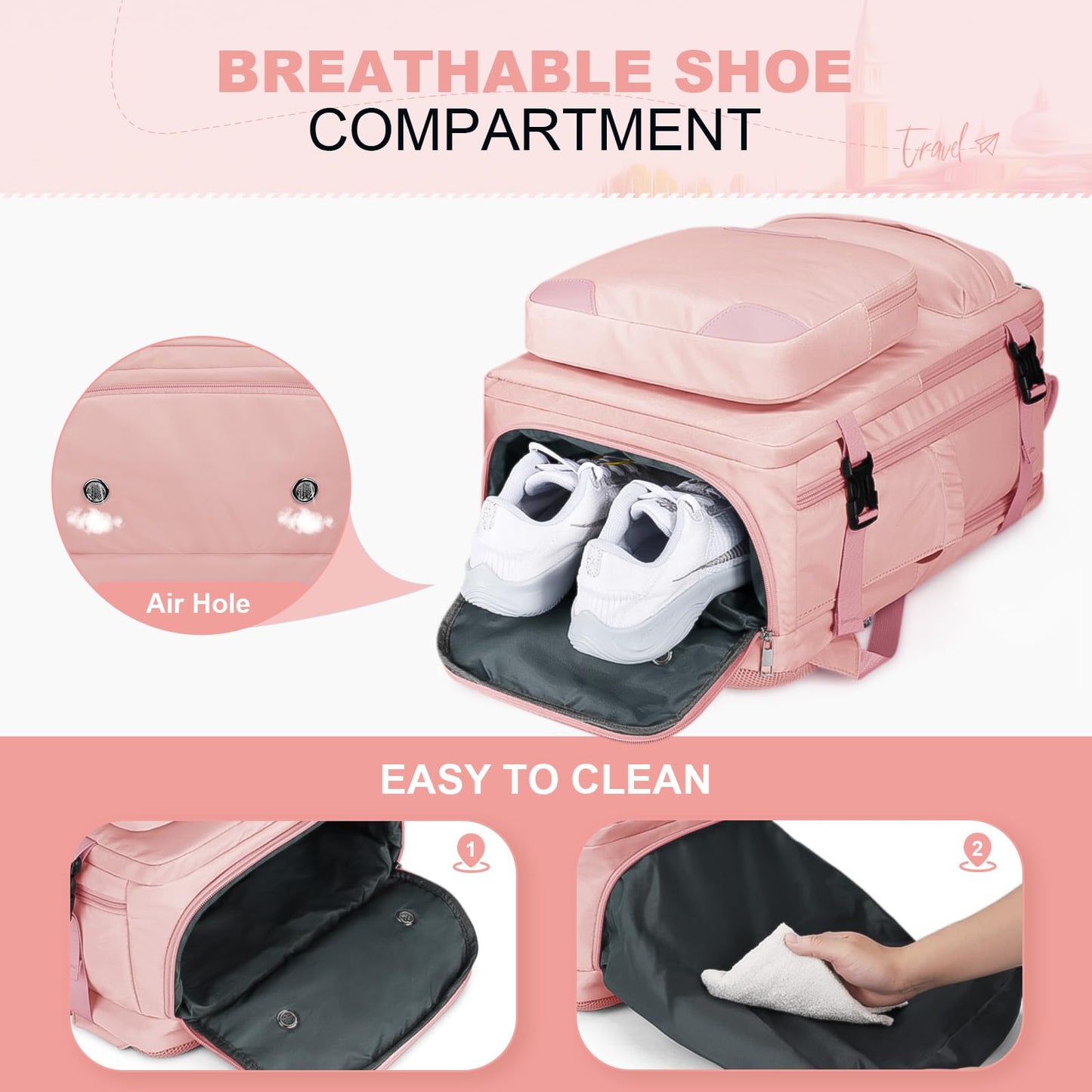 Maelstrom Travel Backpack for Women Men, 25/35L Laptop, Carry On Backpack with Crossbody, Shoe & Toiletry Bag (pink, 15.6inch)