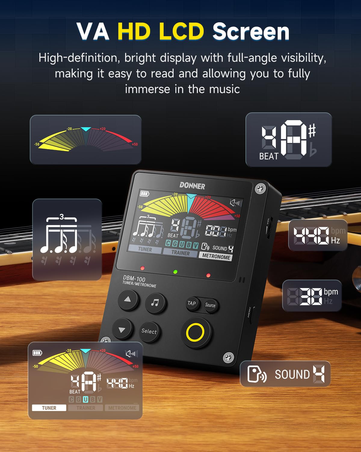 Donner Metronome Tuner for Guitar, Bass, Violin, Ukulele, Piano, Flute, Saxophone, All Instruments, Portable Digital Metronome with Trainer Rhythm Mode, Black, DBM-100