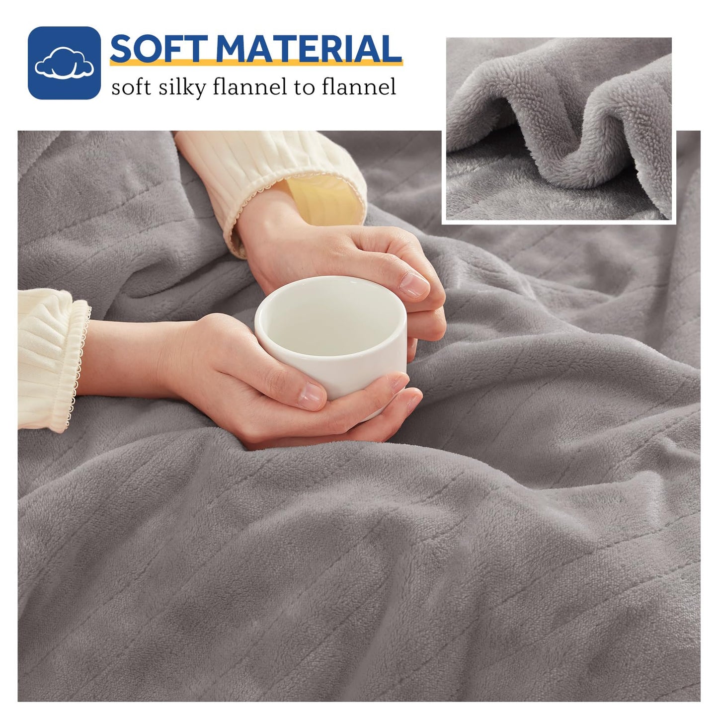 Sealy Electric Blanket Throw, Flannel Heated Blanket with 6 Heat Settings & 2-10 Hours Auto Shut Off, Fast Heating & Machine Washable for Home Office Use, 50x60 Inch, Light Grey