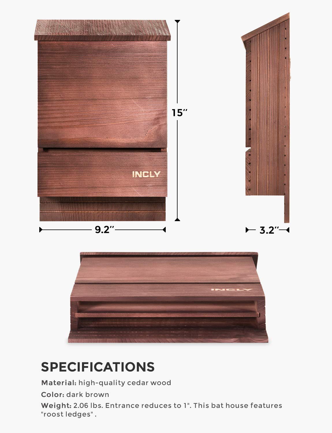 INCLY Bat House,15"x9.2"x3.2" Outdoor Bat Shelter Box kit,Double Chamber Dark Natural Cedar Wood,Weather Resistant,Pre-Finished Easy to Install