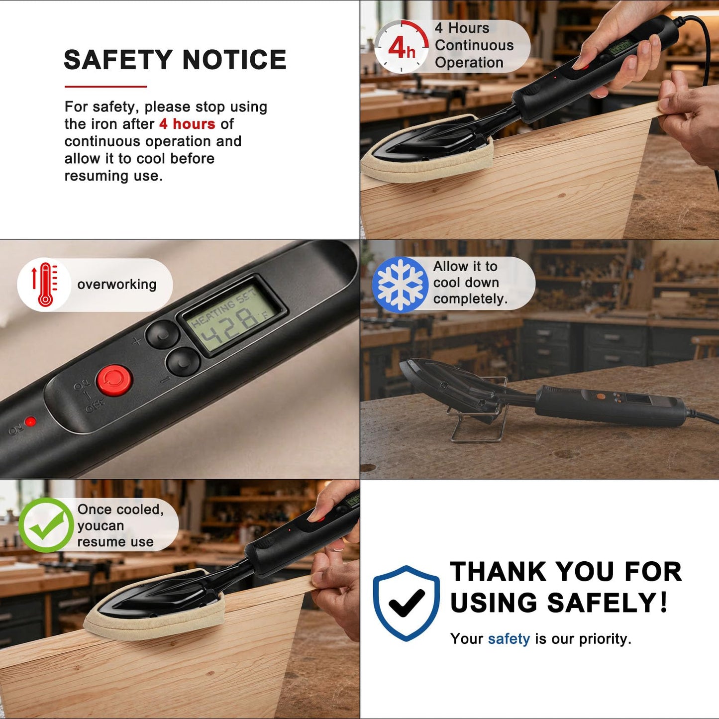 Edge Banding Iron with LCD Display,Adjustable 212-428℉ (100-220℃),Metal Stand,65 in Power Cord,3 Replaceable Socks,Precision Control Sealing Iron for Furniture Edges & Models