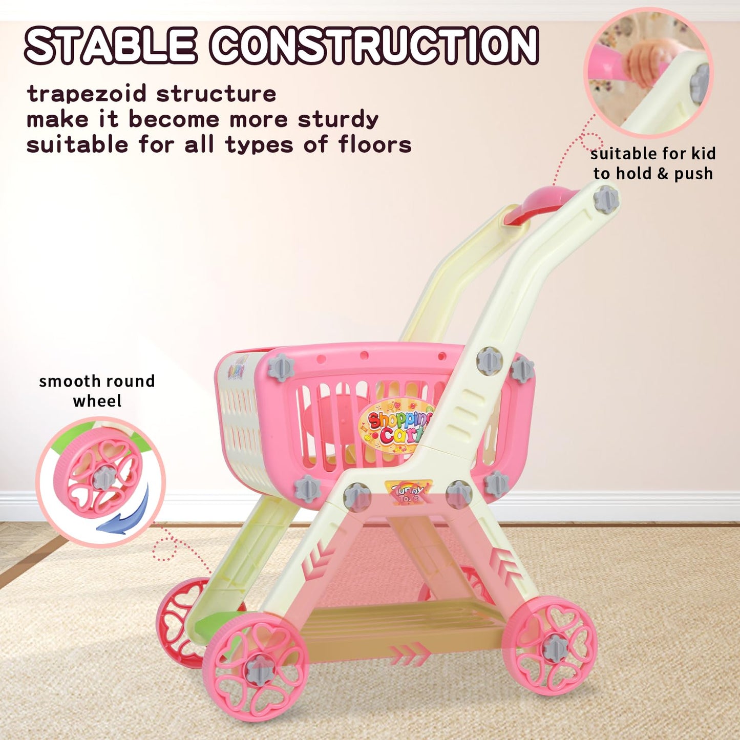 Toddler Shopping Cart - 2 in 1 Toy Grocery Cart for Kids with Pretend Play Food Toys for Girl, 72pcs Toy Shopping Cart Paly Money, Gift for 3 4 5 6 Year Old Girl Boy