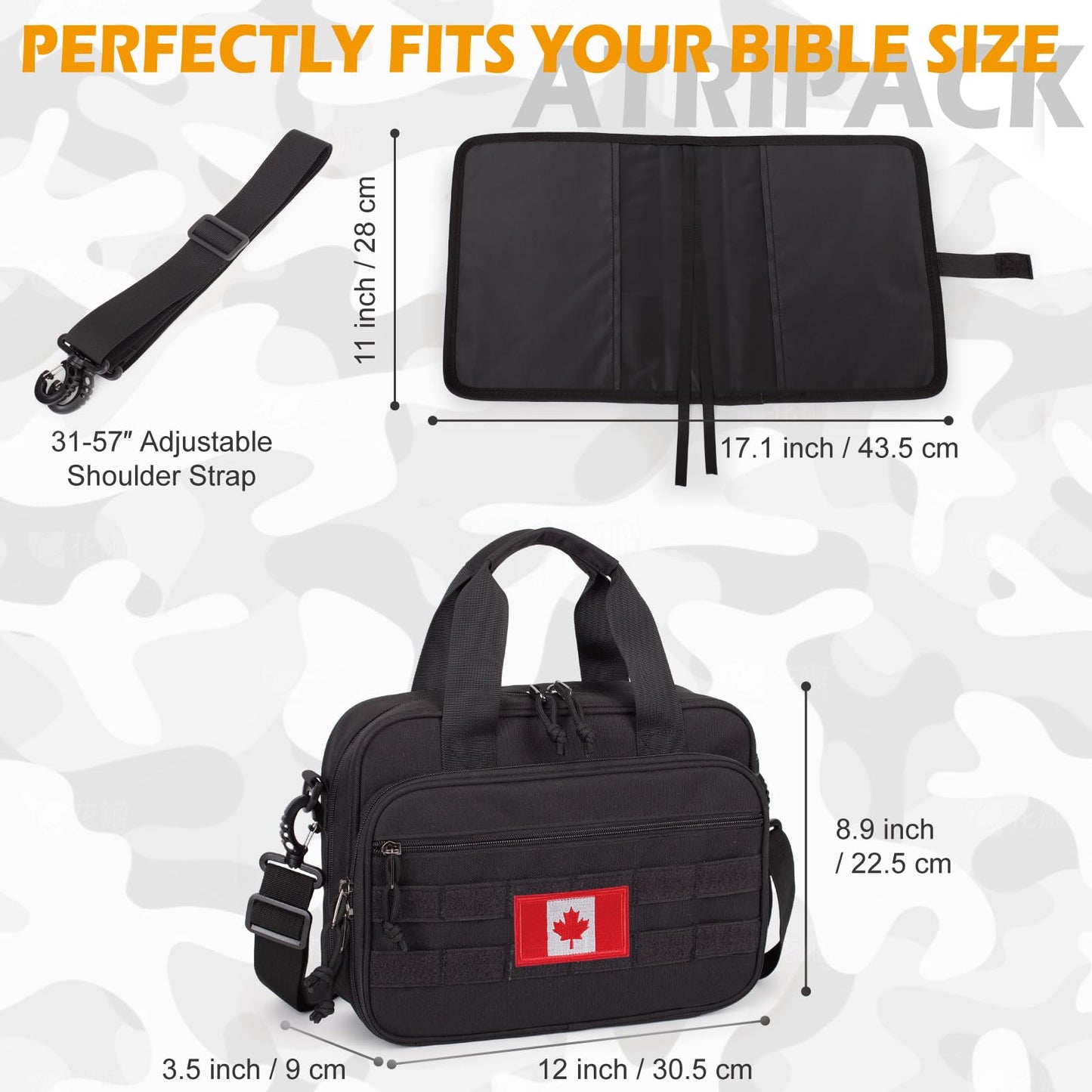 Tactical Large Bible Cover for Men,Double Layer Bibles Study Bag with Detachable Book Carrying Case, Covers for Bible Organizer with Zippered Pockets,Church Case with Handle.