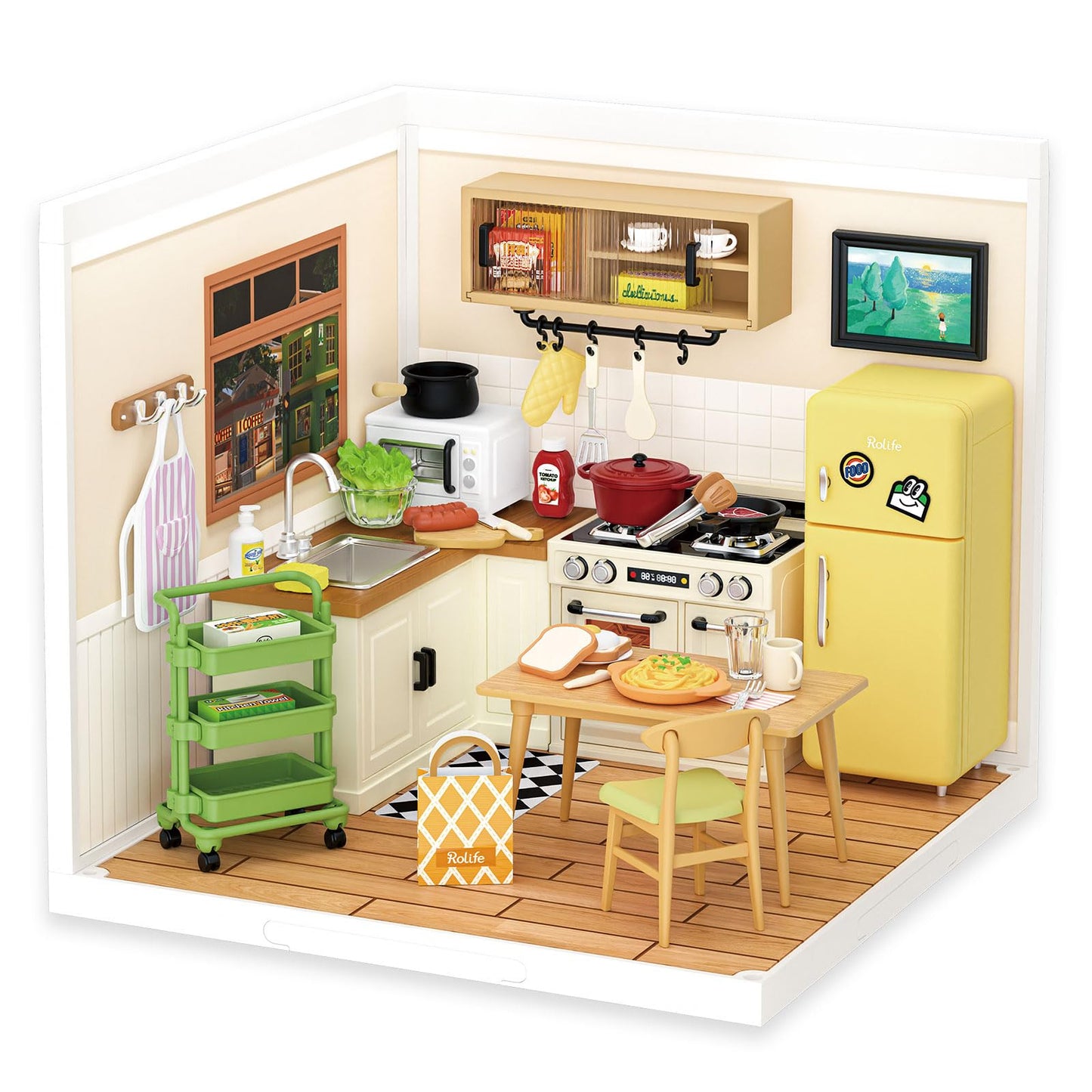 Rolife DIY Miniature Plastic House Building Set Toys Playset with LED Suitable for Mini Figures Construction Toys Diorama Kit Gifts for Adults (Happy Meals Kitchen)