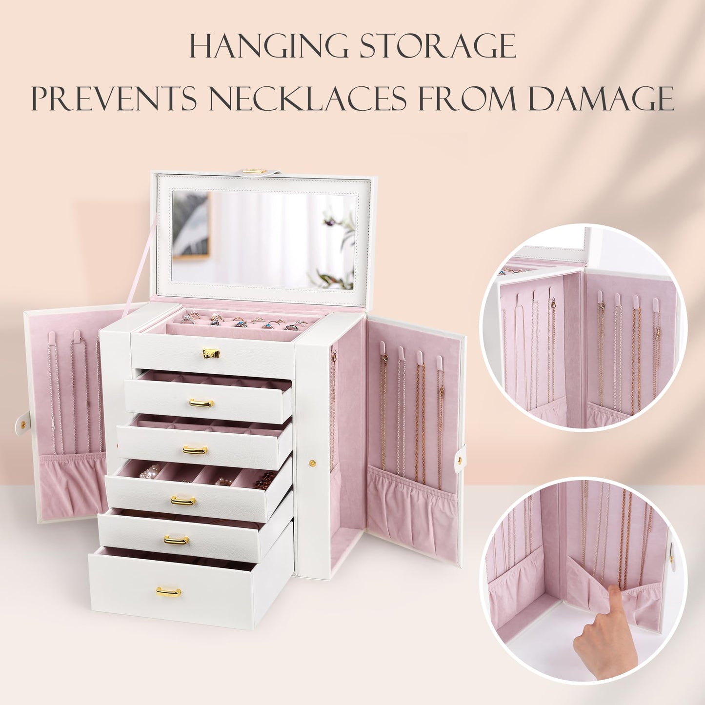 Kendal Extra Large Jewelry Box with Mirror, 32x17x30cm Multi-Layer Jewelry Organizer with Side Compartments & Drawers, PU Leather Storage Case for Rings, Earrings, Bracelets & Watches (Elegant White)