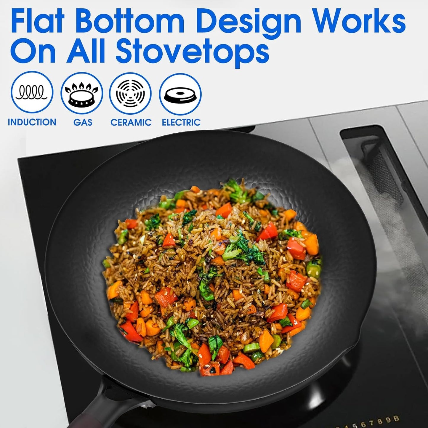 Souped Up Recipes Carbon Steel Wok for Electric, Induction and Gas Stoves (Lid, Spatula and User Guide Video Included)