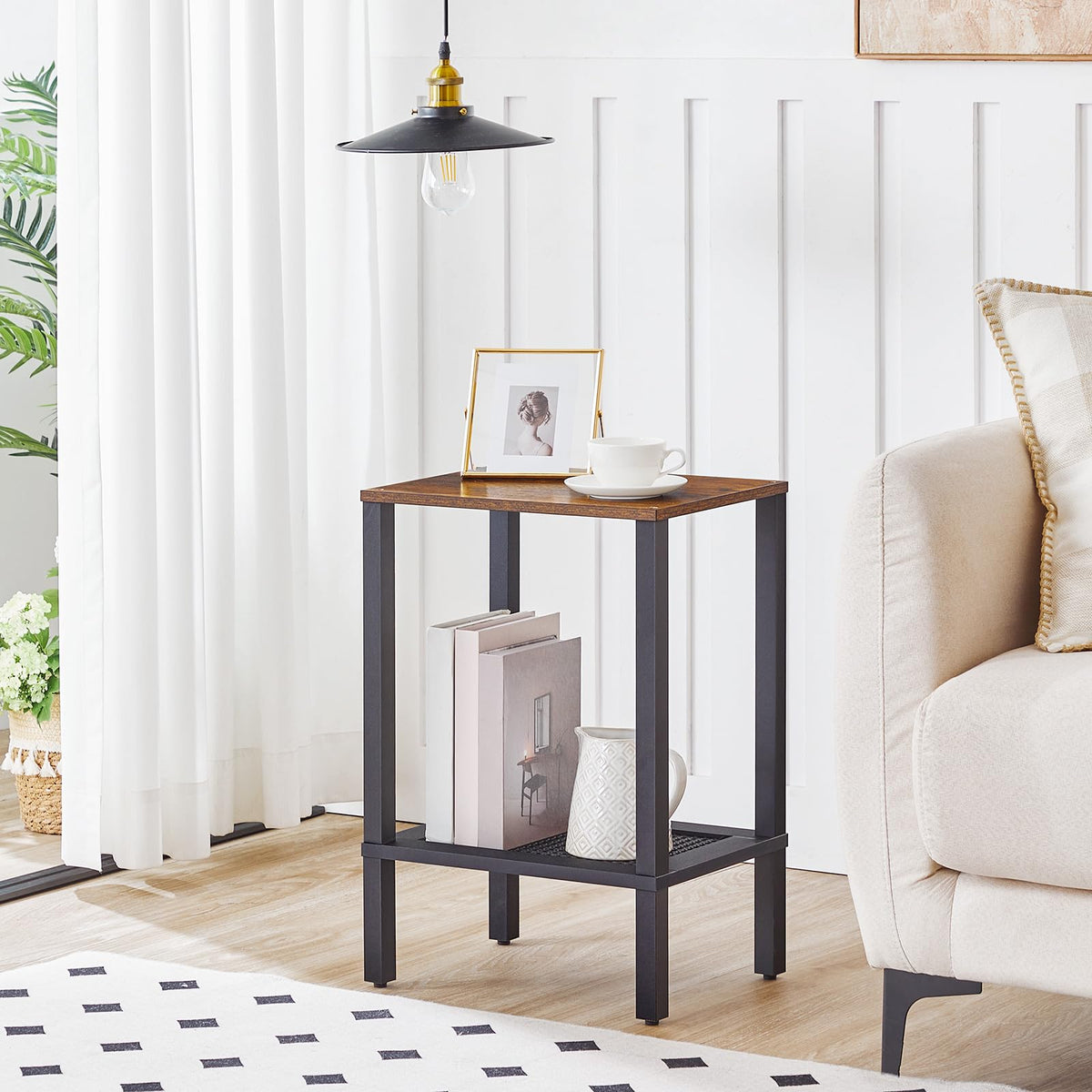 HOOBRO End Table, Small Side Table with 2-Tier Storage Shelves, Nightstand with Faux Rattan Decoration, Sofa Table for Small Space, Beside Table for Living Room, Rustic Brown and Black BF91BZ01